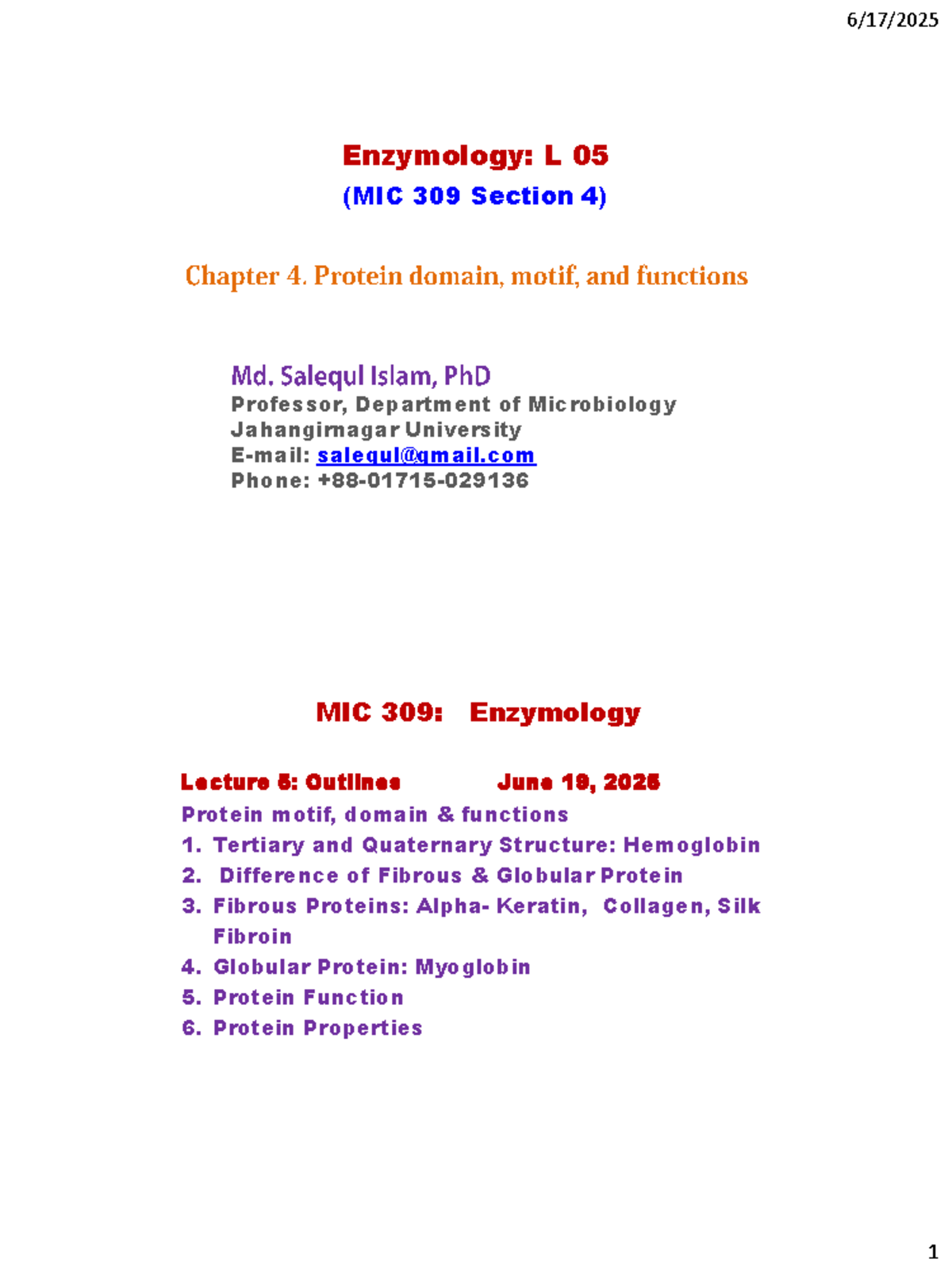 L5-MIC309-S4: Enzymology Lecture 5 - Protein Structure & Function - Studocu
