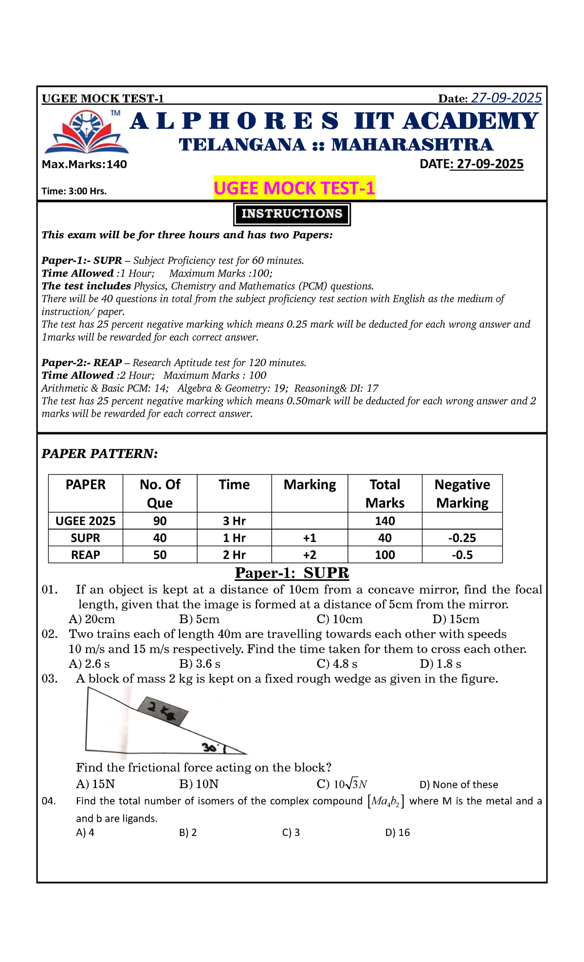 UGEE MOCK TEST 01 - Question Paper (27-09-2025) - Studocu