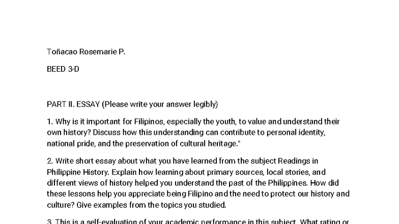BEED 2: Essay on the Importance of Philippine History - Studocu