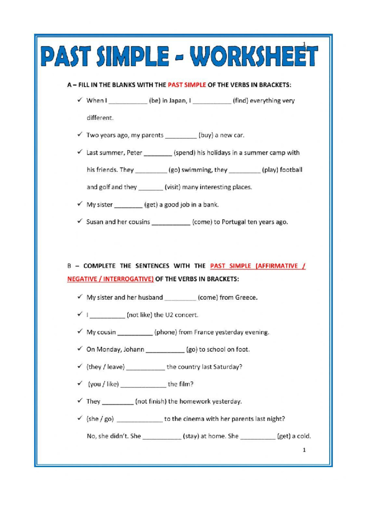 PAST SIMPLE WORKSHEET: FILL IN THE BLANKS EXERCISE - Studocu
