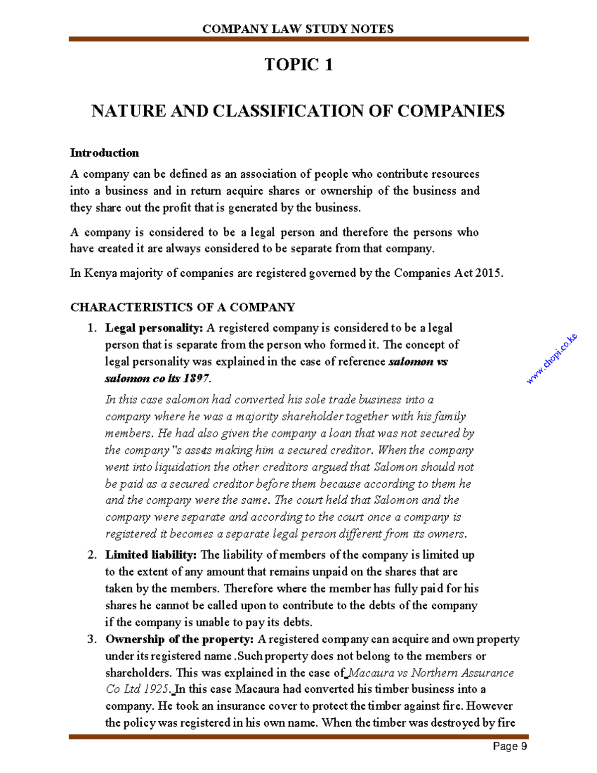 COMPANY LAW STUDY NOTES: NATURE & CLASSIFICATION OF COMPANIES - Studocu