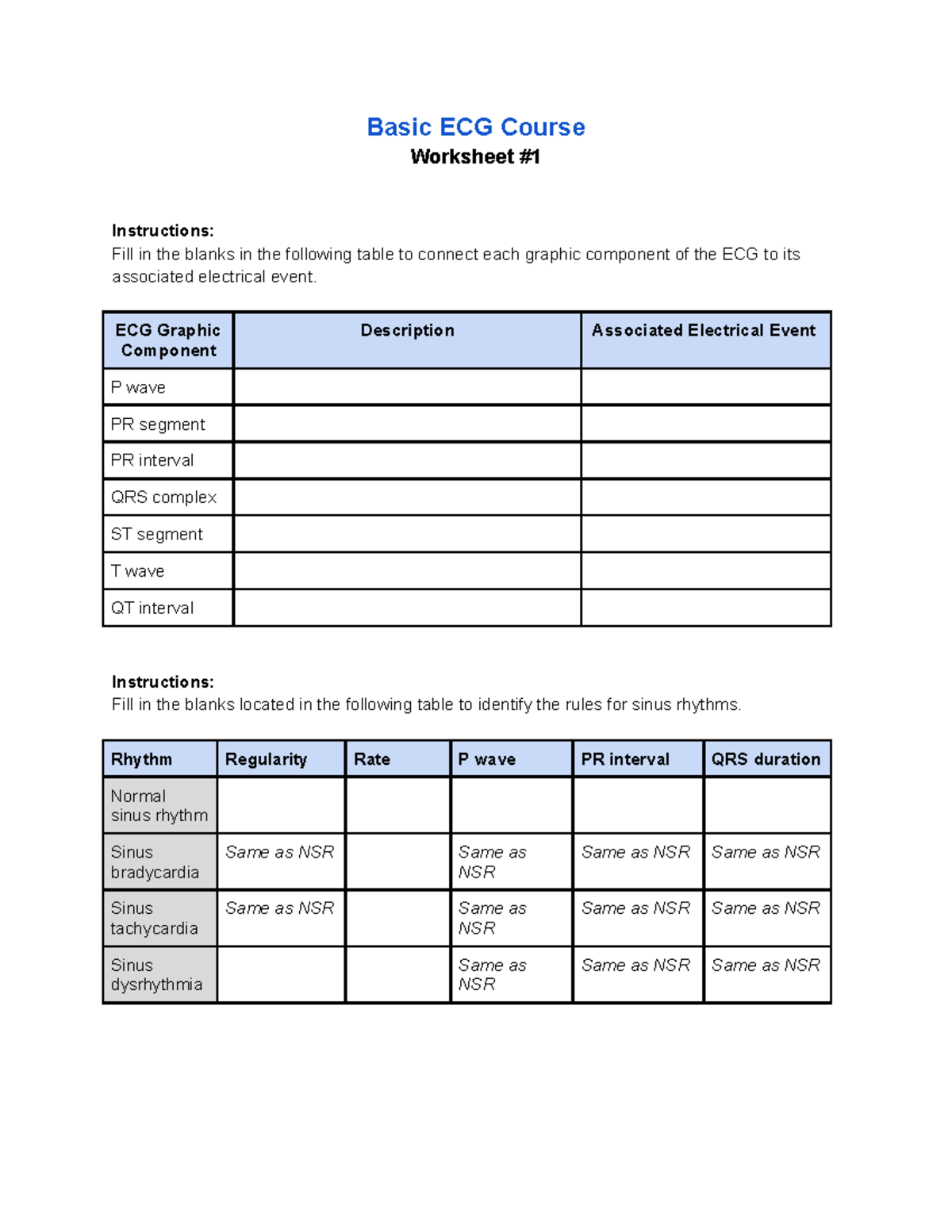 Basic ECG Course - Worksheet #1 for Sinus Rhythm Analysis - Studocu
