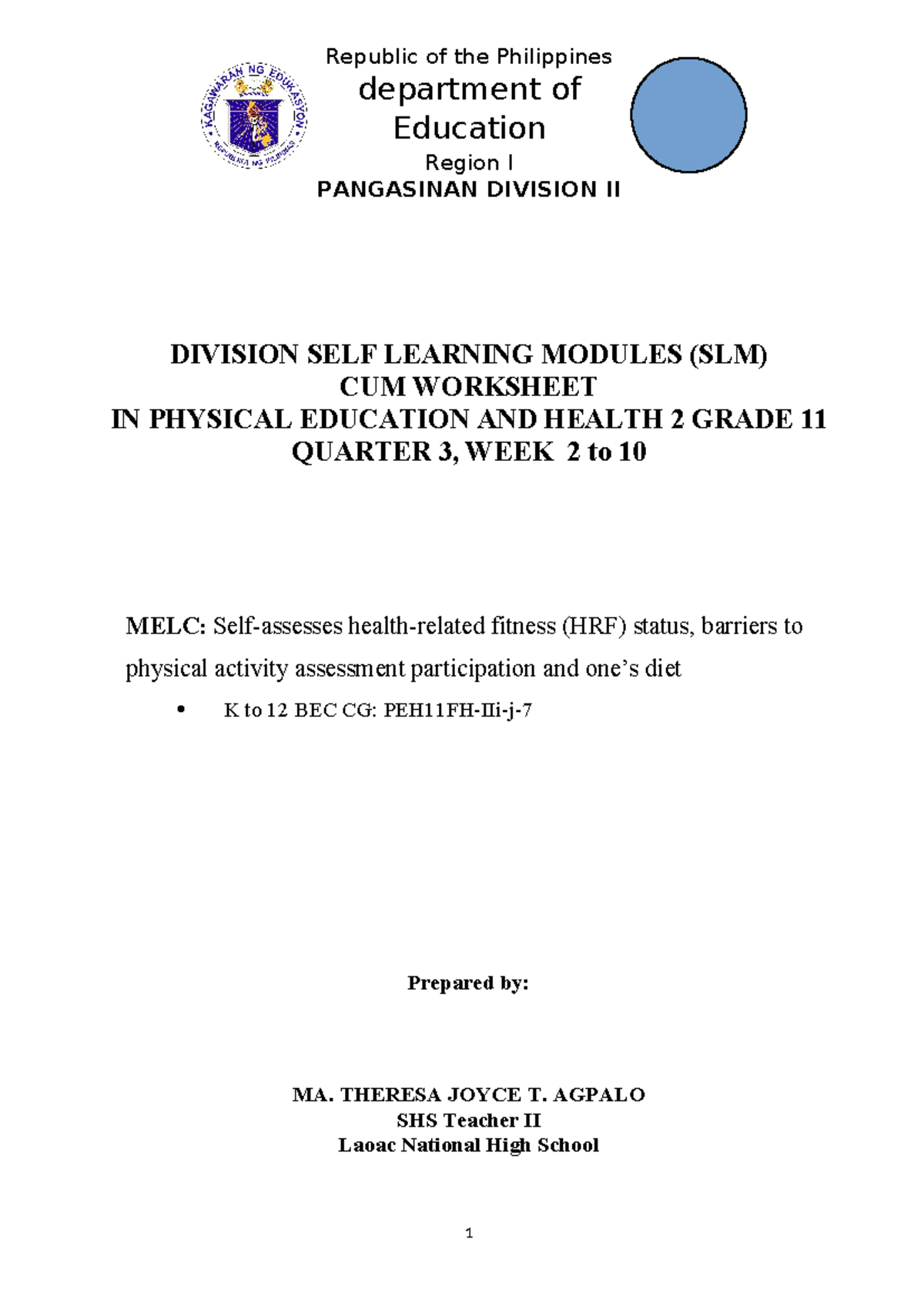 Division Self-Learning Modules for PEH 2: Health Fitness & Barriers ...