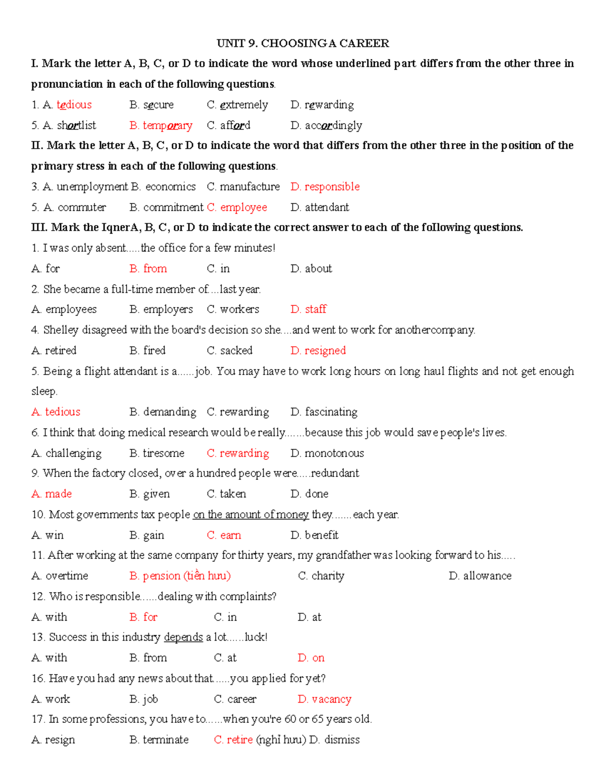 UNIT 9 (exercise) - ... - UNIT 9. CHOOSING A CAREER I. Mark the letter ...