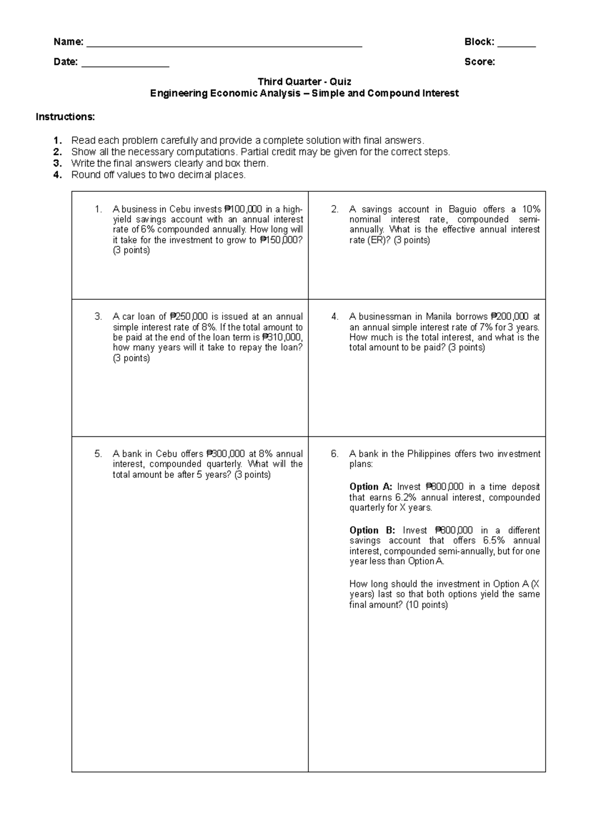 Q3 Quiz 3: Engineering Economic Analysis on Simple & Compound Interest ...