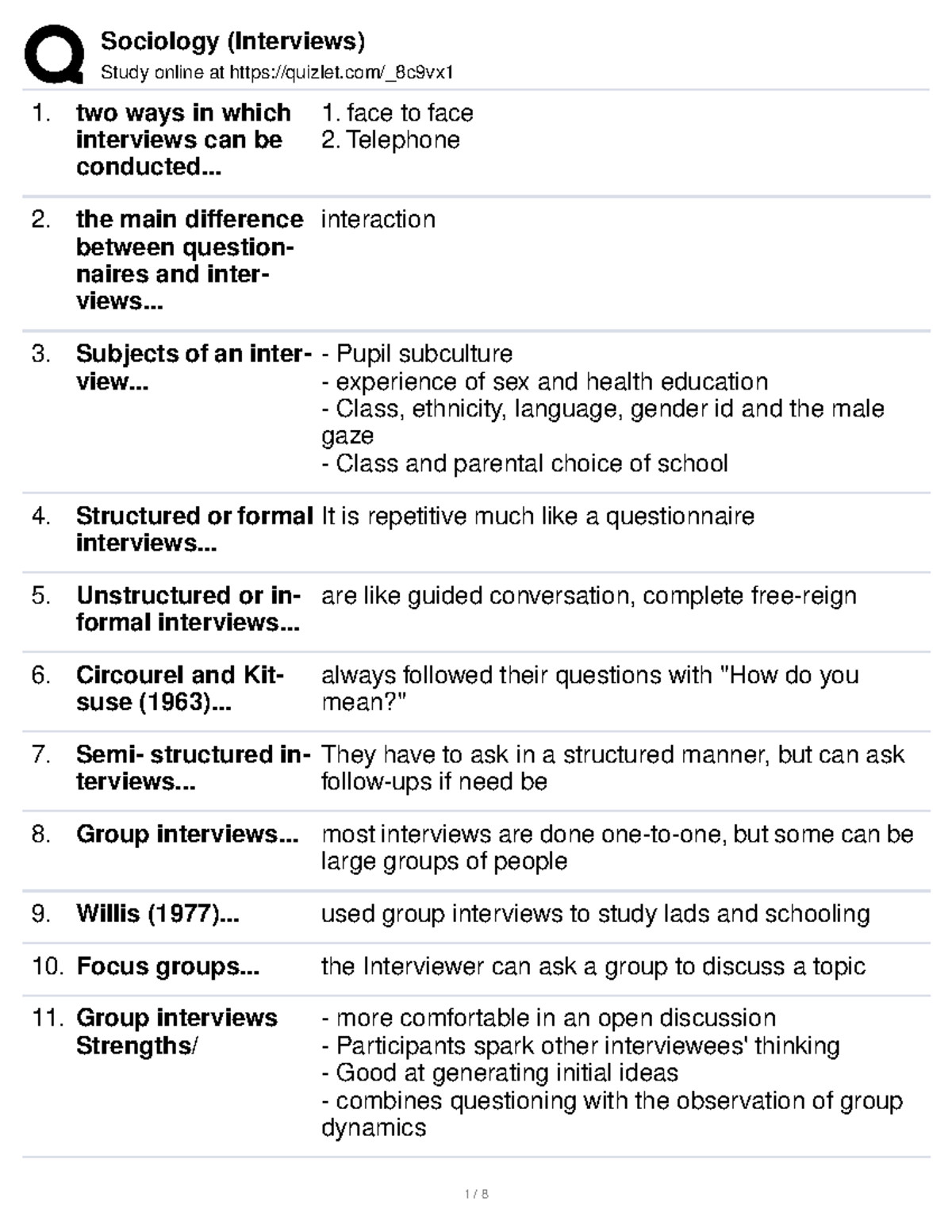 Interviews - Sociology notes can be used as flashcards to engage ...