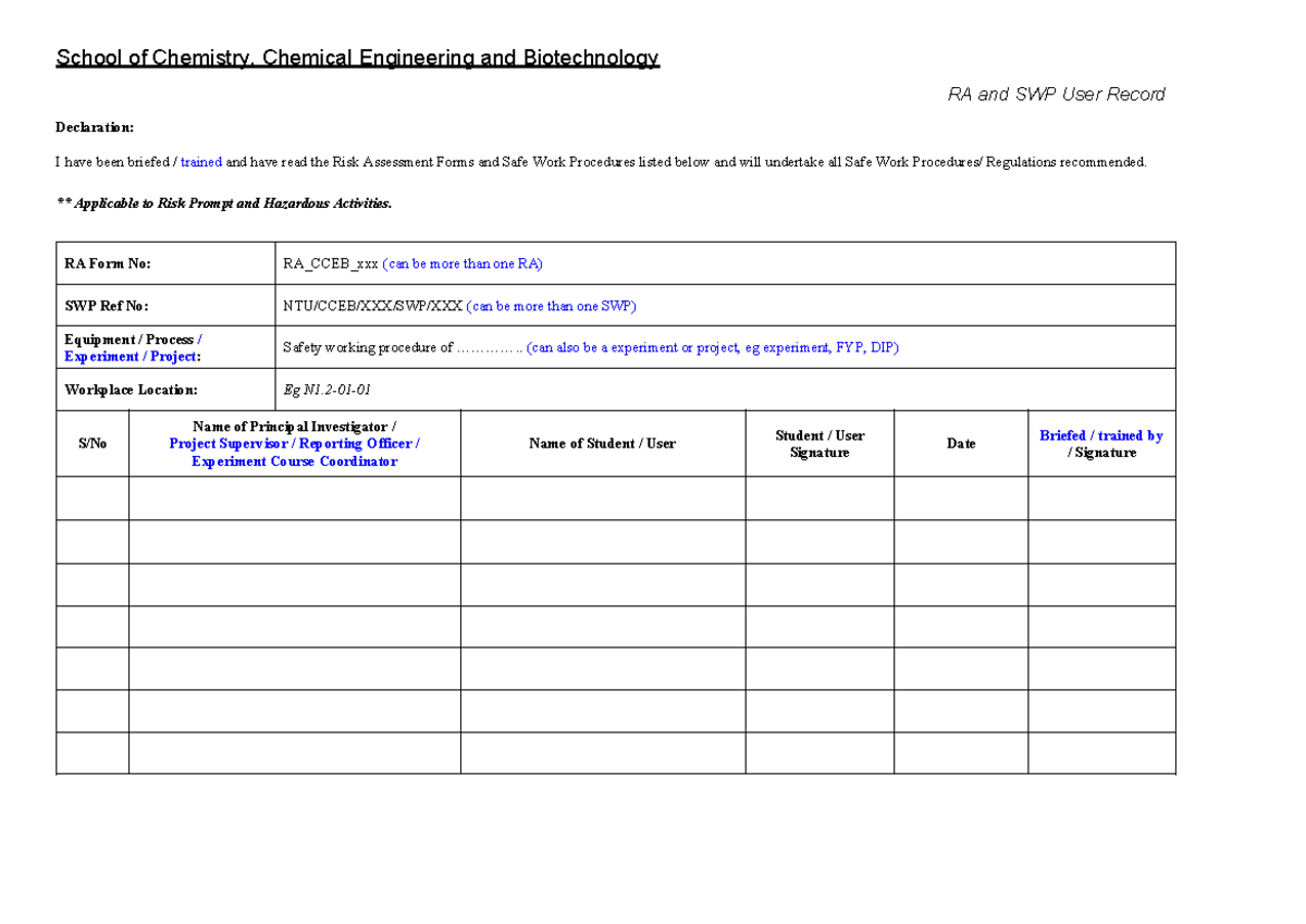 CCE 101: Acknowledgment of RA and SWP Template Revision - Studocu