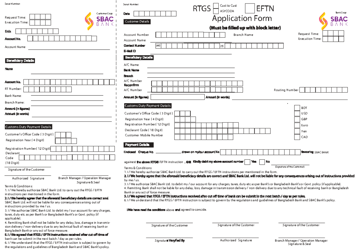 SBAC RTGS EFTN Application Form - Customer Details - Studocu