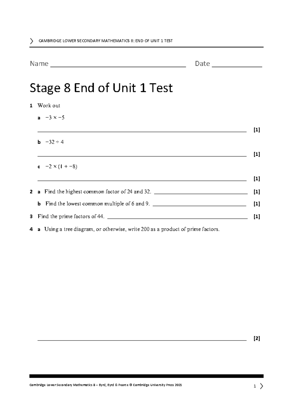 CAMBRIDGE LOWER SECONDARY MATHEMATICS 8: STAGE 7 UNIT TESTS - Studocu