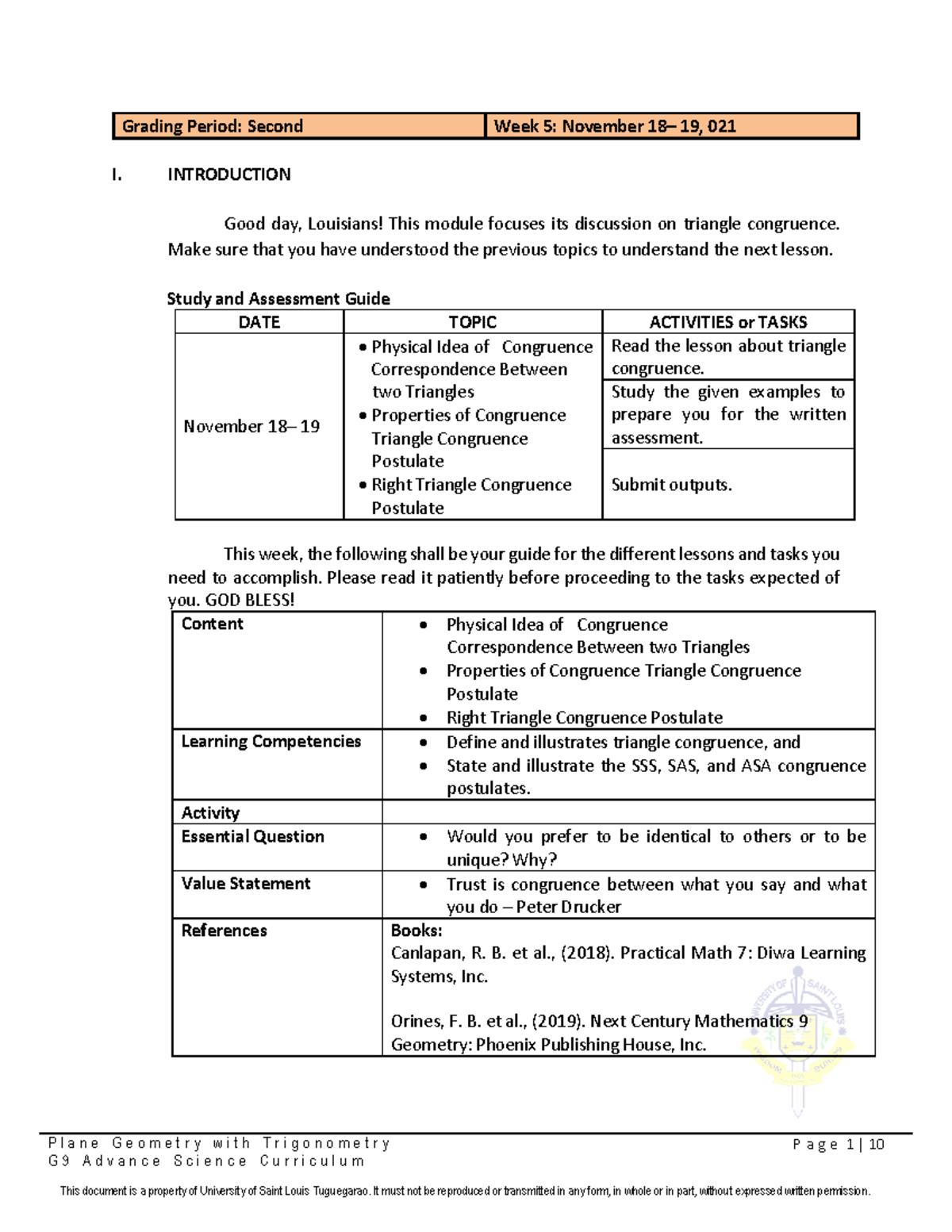Grade 9 Advanced Science: Week 5 Plane Geometry and Trigonometry - Studocu