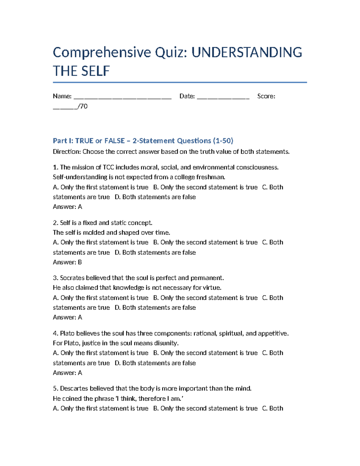 Understanding The Self Quiz: Comprehensive Assessment - Studocu