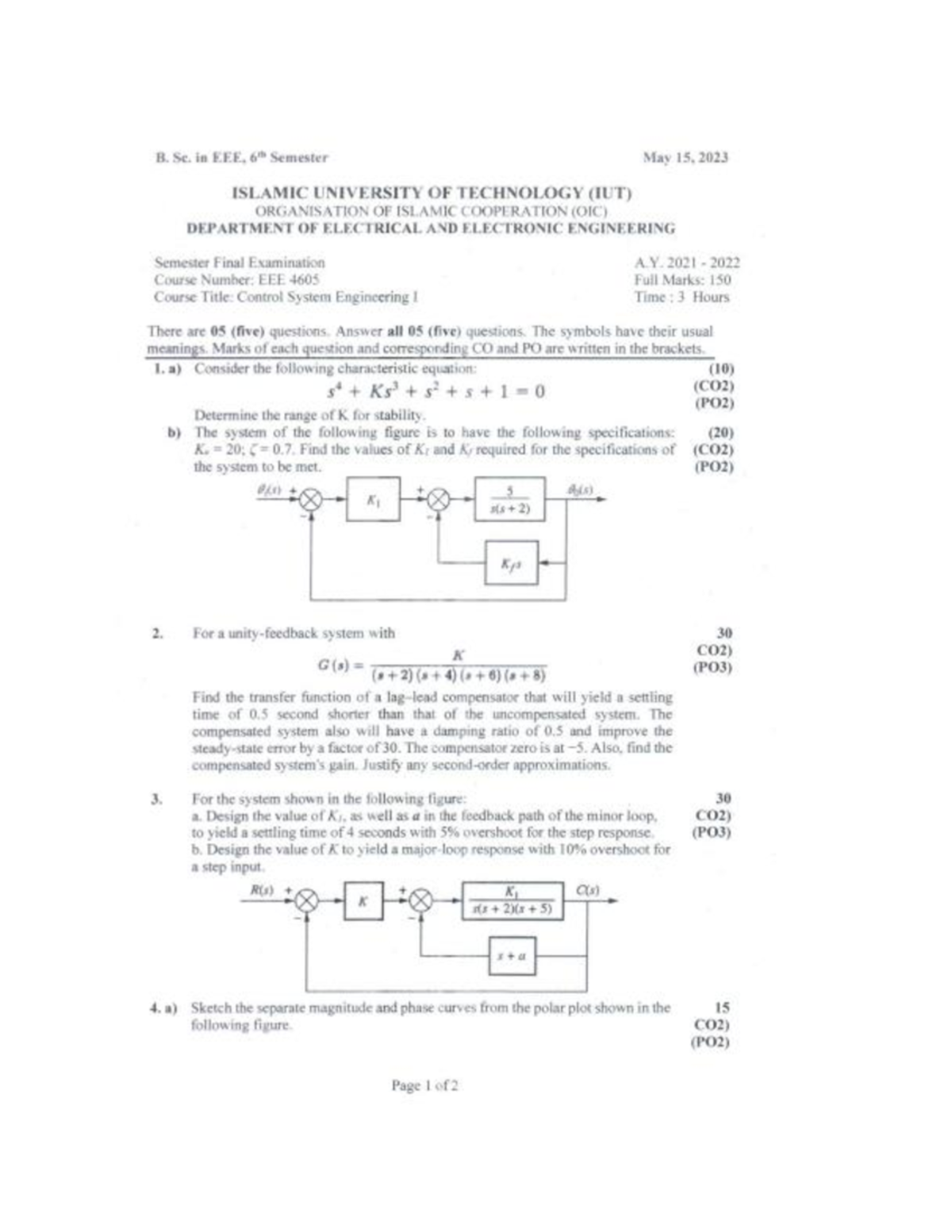 EEE4605 Control System Engineering Final Exam - May 2023 - Studocu