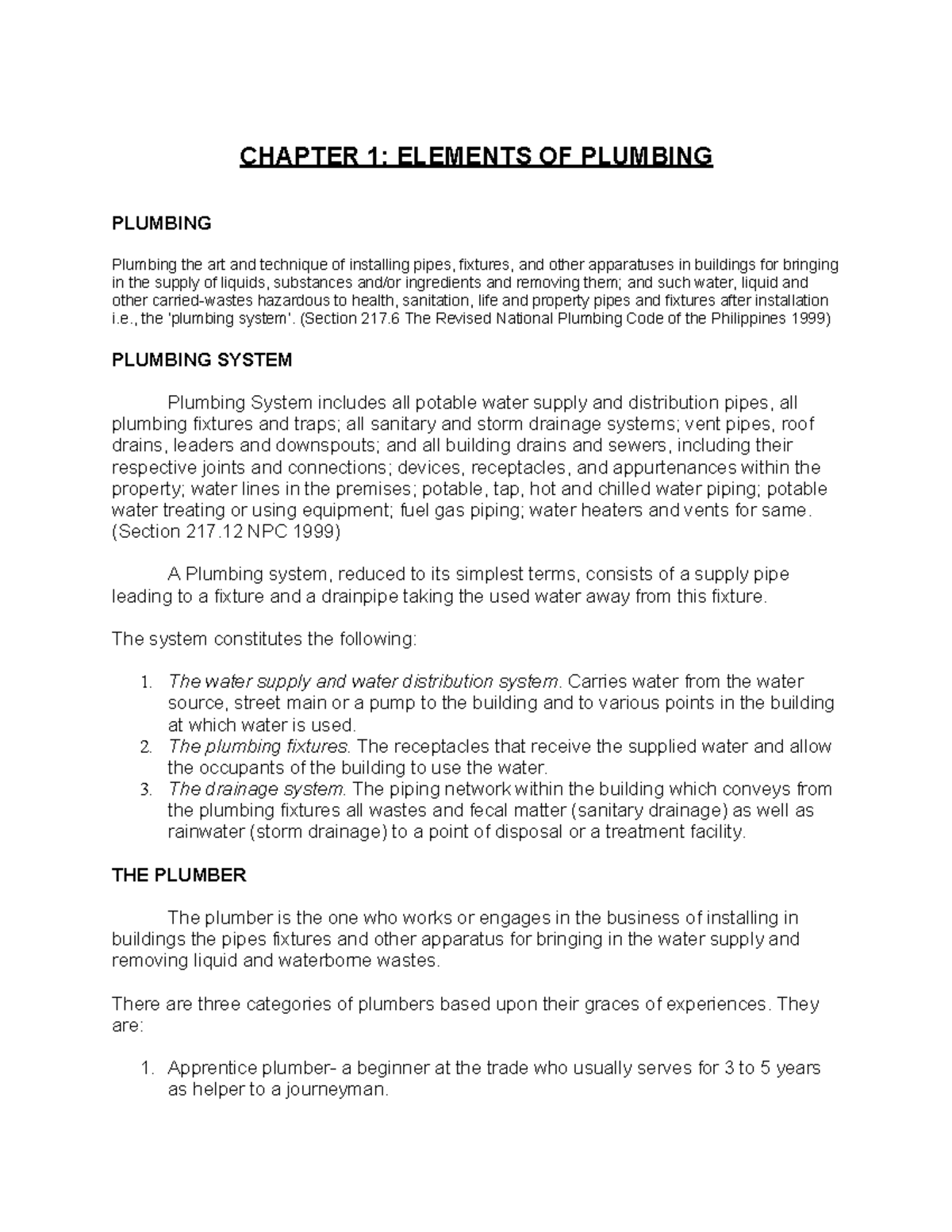CHAPTER 1: ELEMENTS OF PLUMBING - NATIONAL PLUMBING CODE OF THE