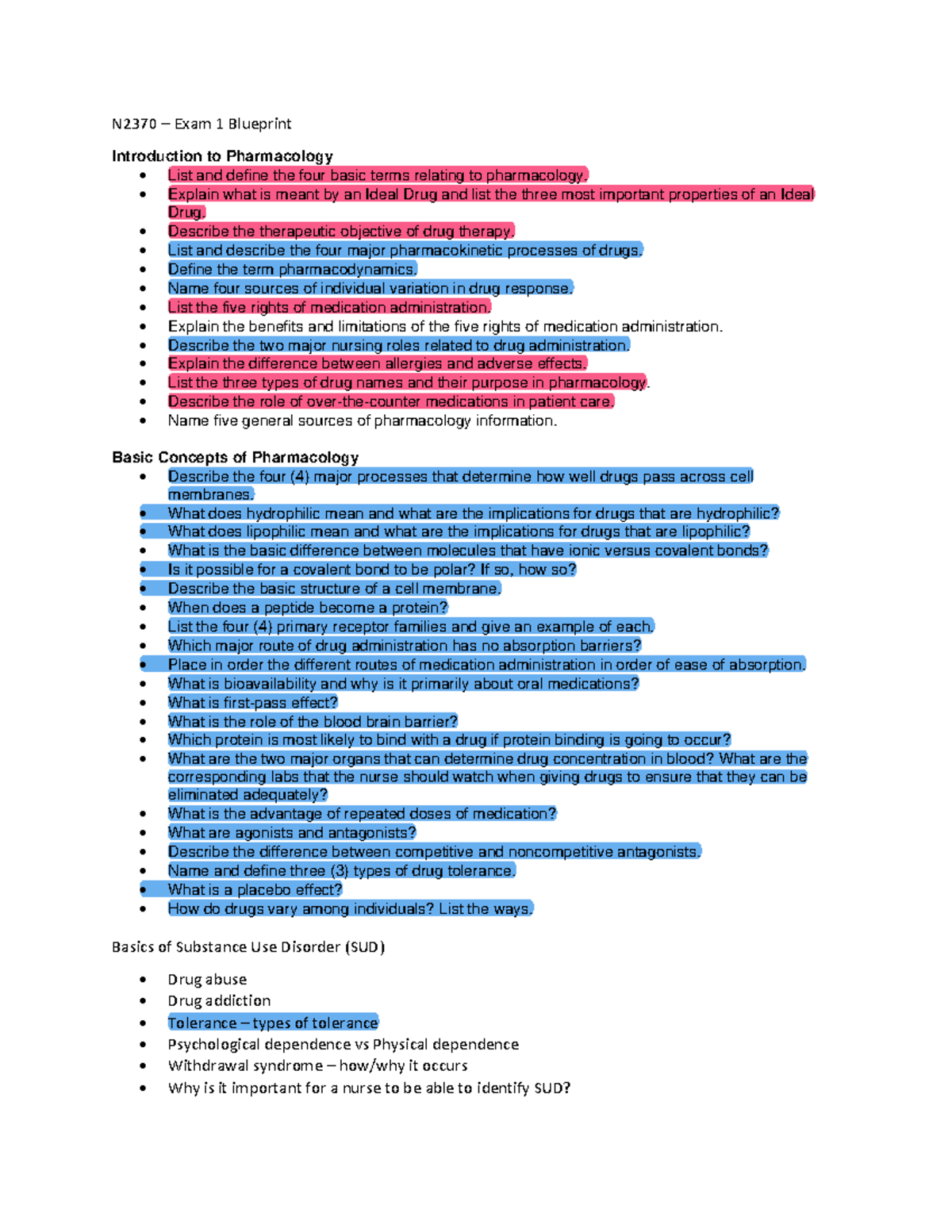N2370 Exam 1 Study Guide: Key Concepts in Pharmacology - Studocu