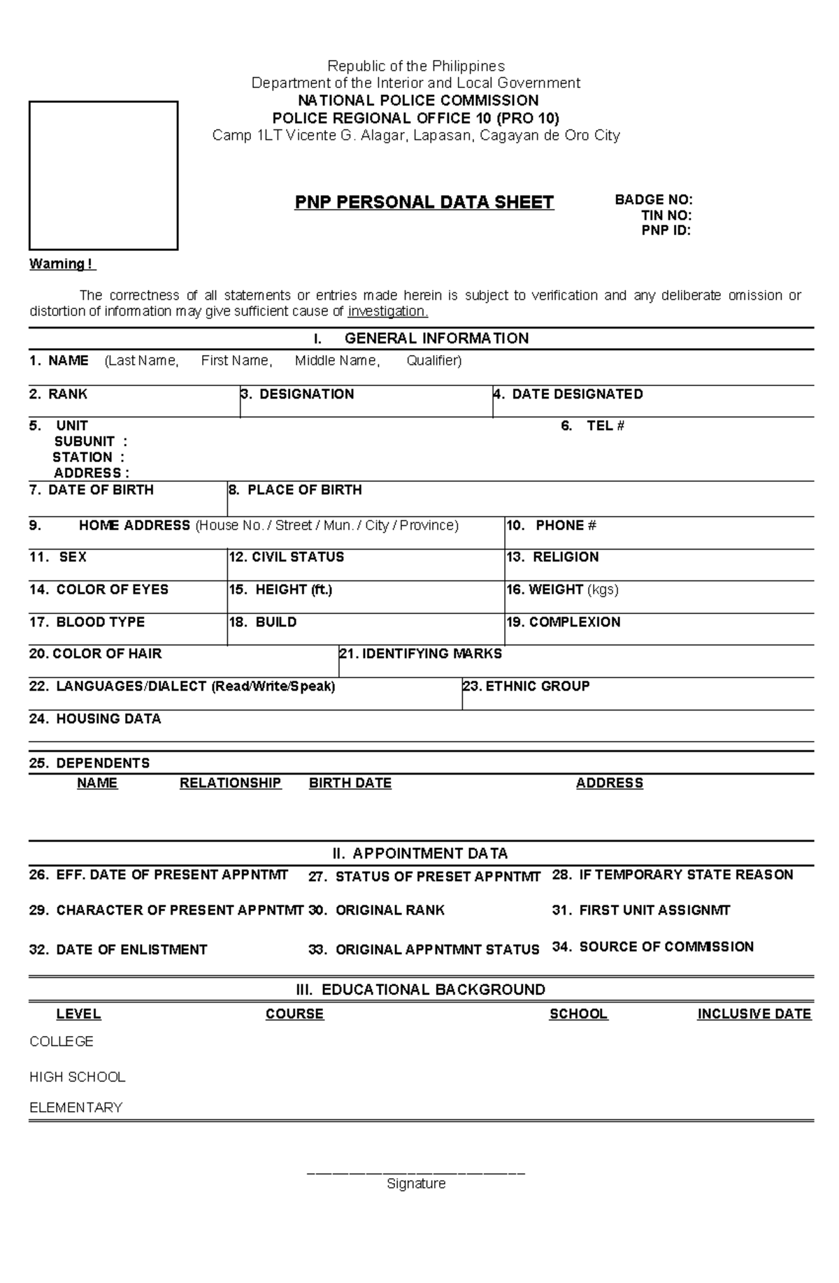 Pds - pais format - Republic of the Philippines Department of the ...