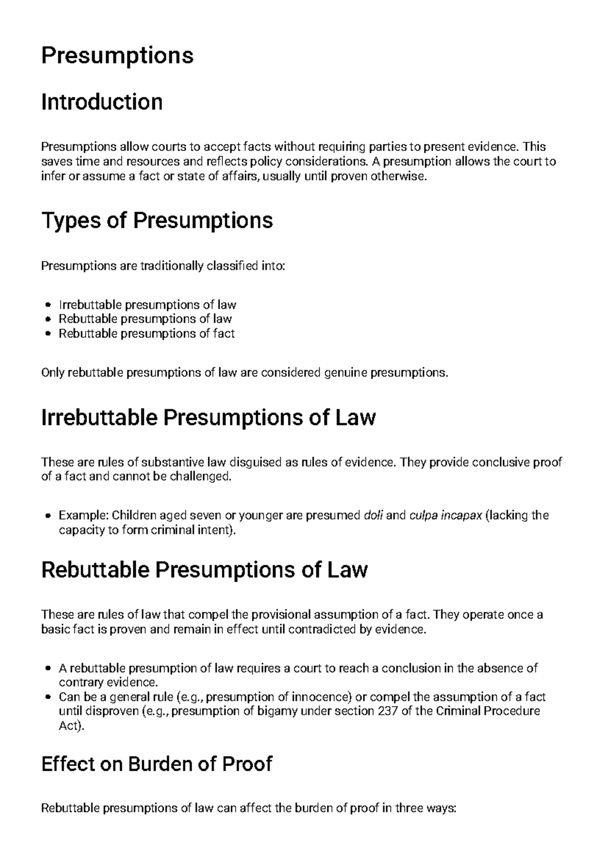 Presumptions in Law Study Guide: Understanding Legal Inferences - Studocu