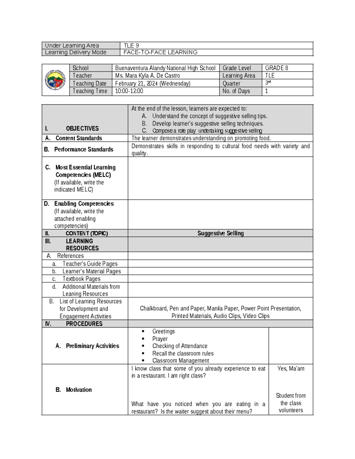 DLL FBS 2 21 24 - Lesson Plan on Suggestive Selling in TLE 9 - Studocu