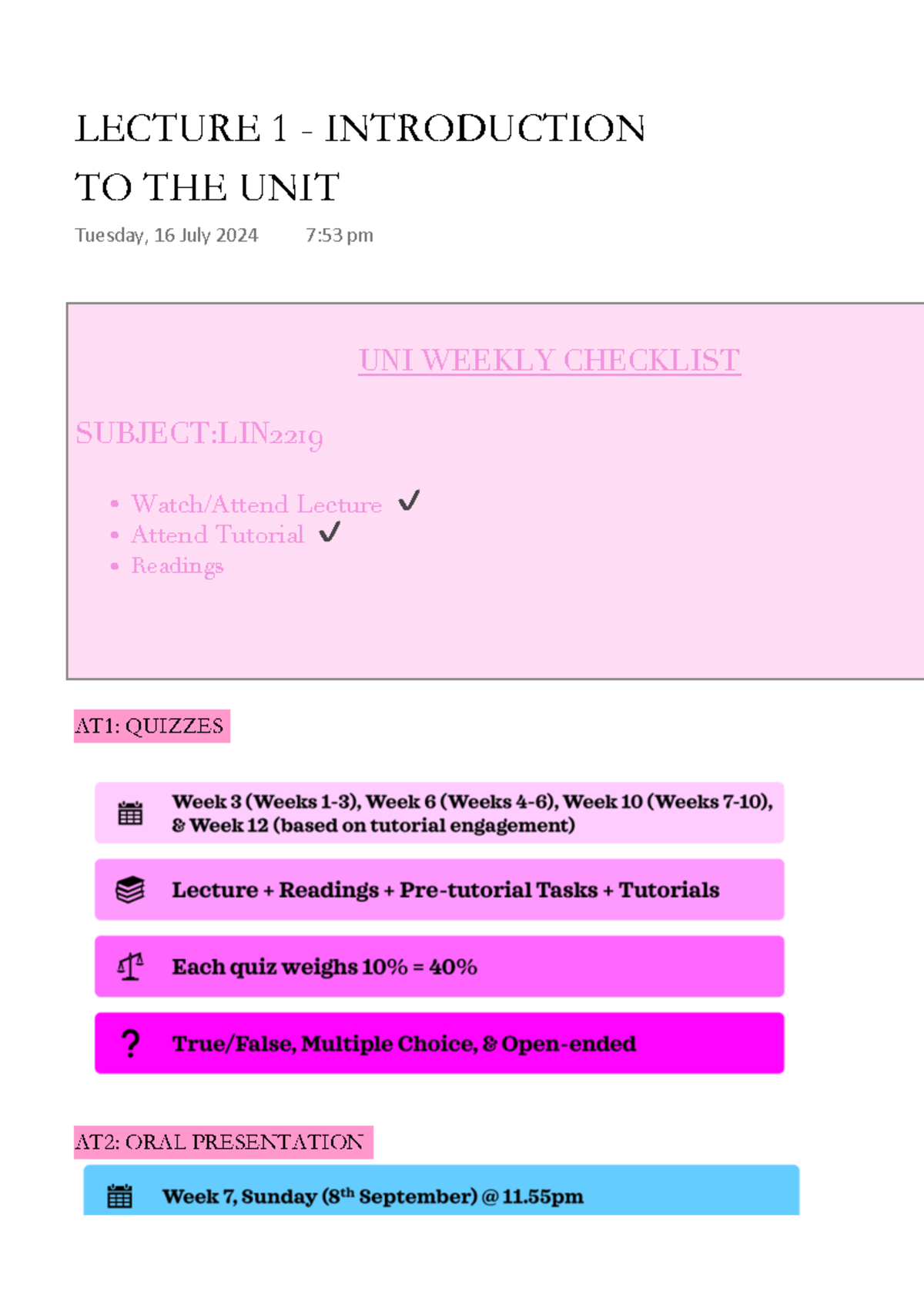 NOTES on Lecture 1 - UNI WEEKLY CHECKLIST SUBJECT:LIN 2219 Watch/Attend ...