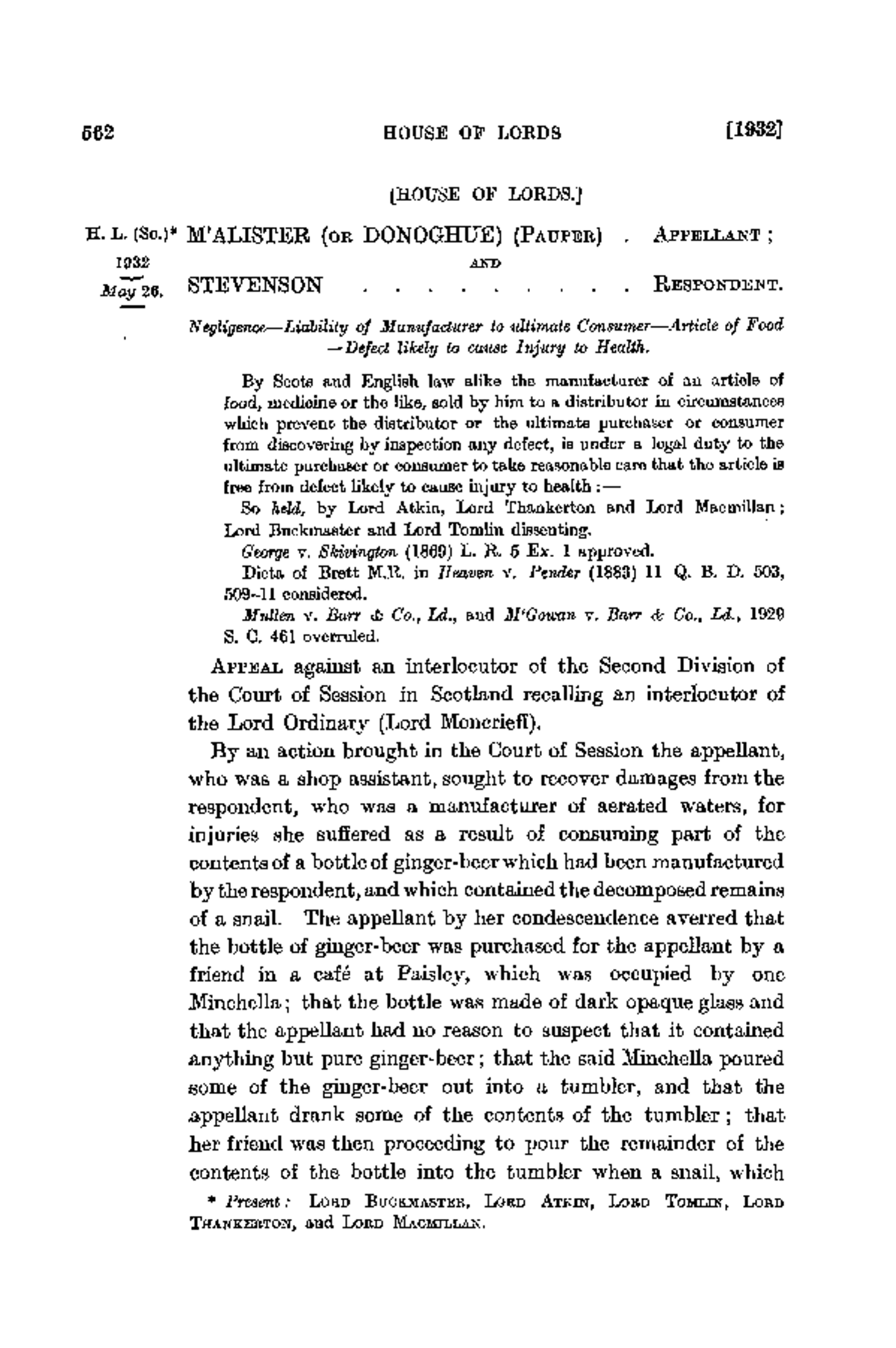 Donoghue v. Stevenson Case Judgment Analysis (H.L. 1932) - Studocu