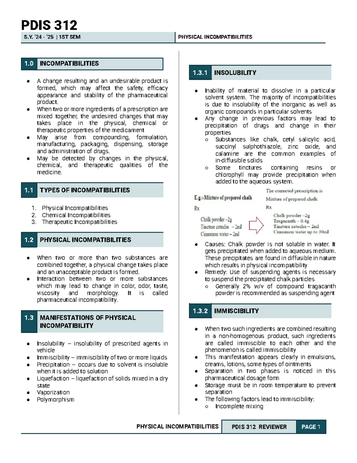 PDIS 312 S.Y. 1ST SEM PHYSICAL INCOMPATIBILITIES REVIEWER - Studocu