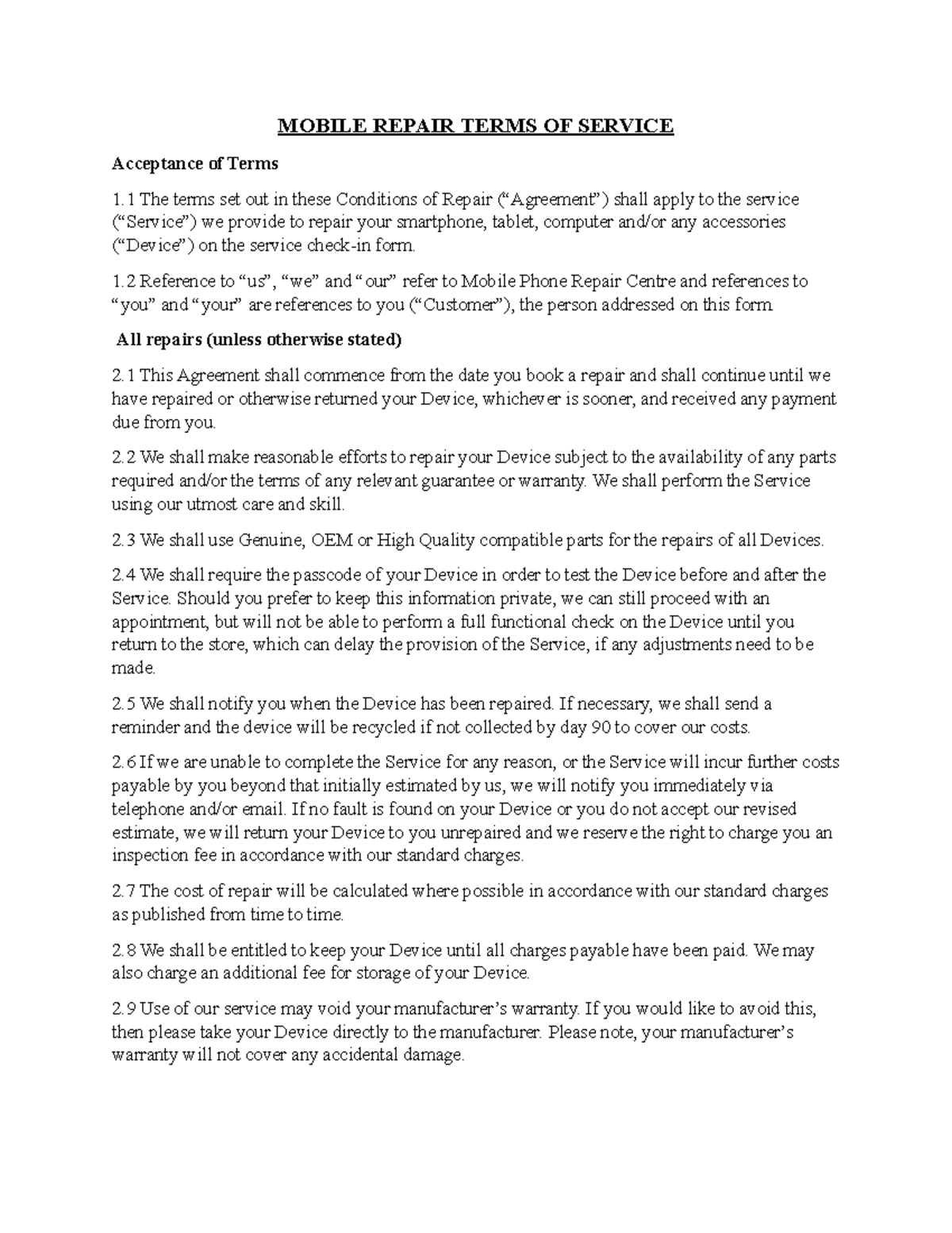 Mobile Repair Service Agreement Terms and Conditions - Studocu