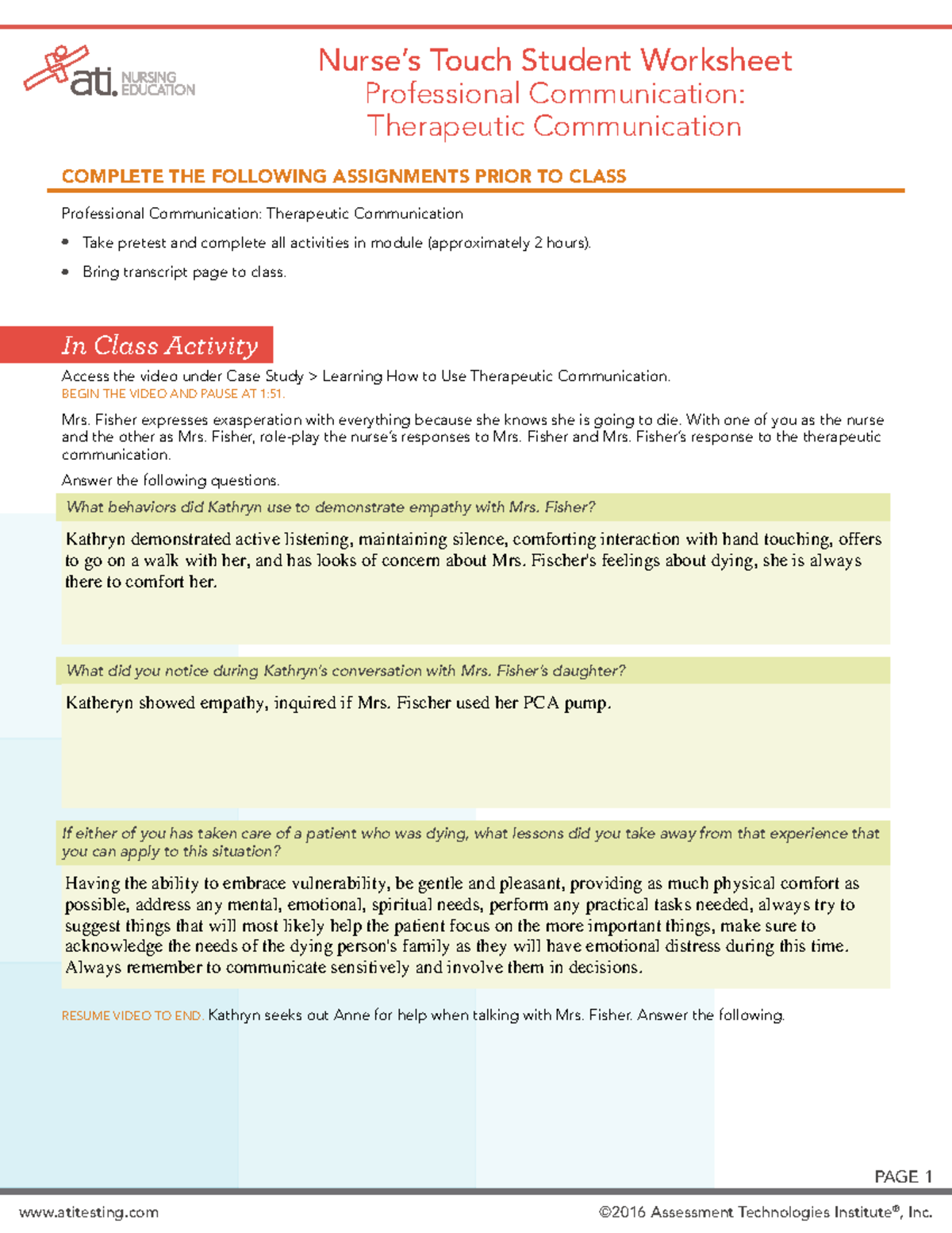 NUR 202 Therapeutic Communication Worksheet for Class Activity - Studocu