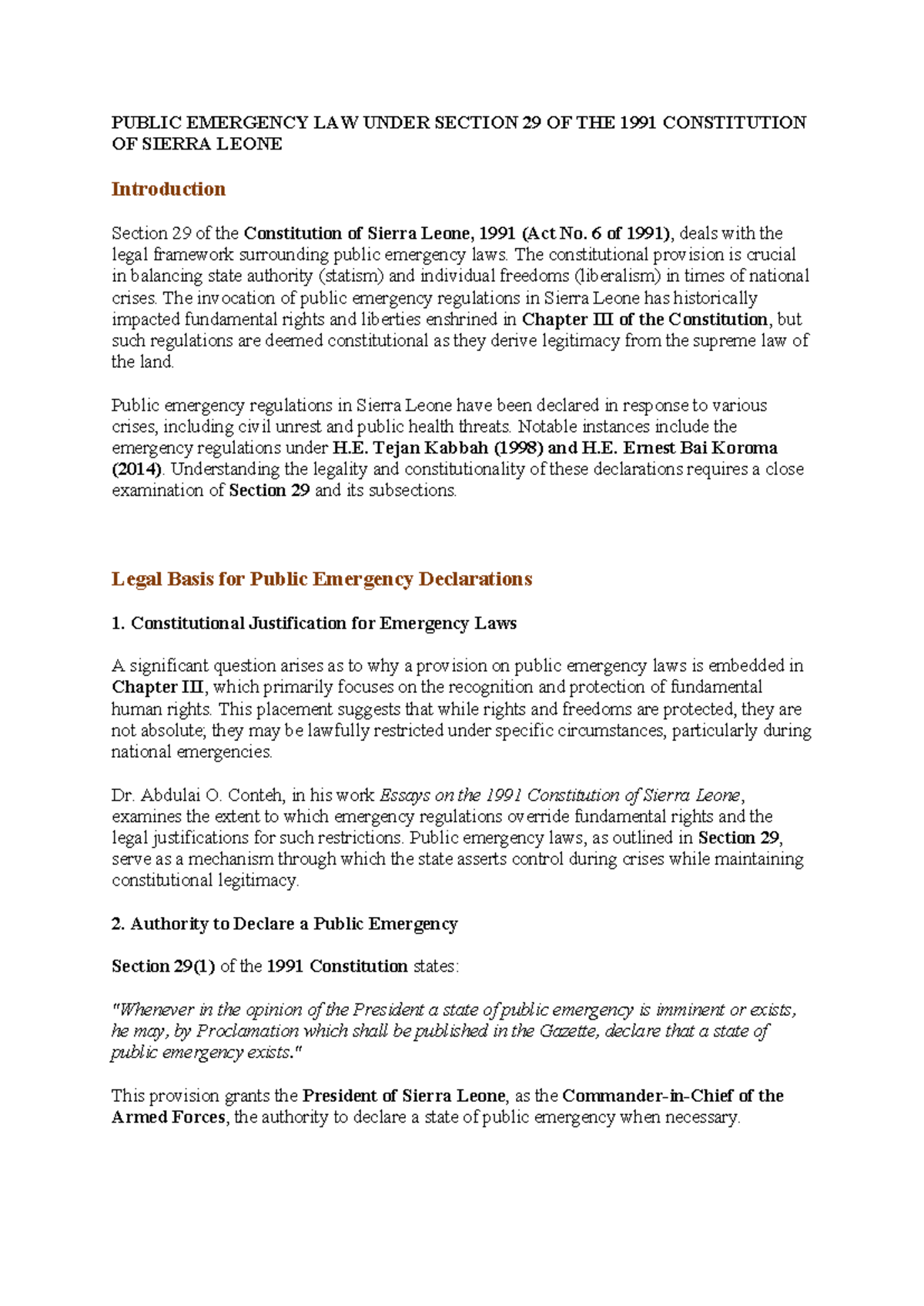 Public Emergency Law in Sierra Leone: Analysis of Section 29 (1991 ...