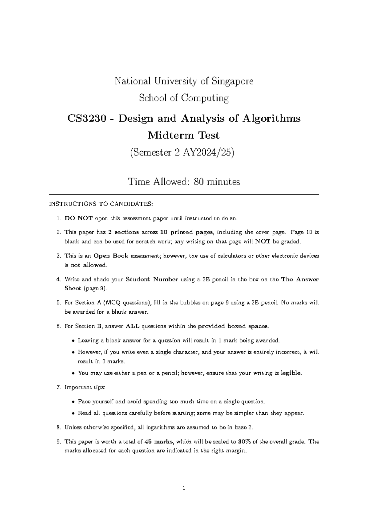 CS3230 Design and Analysis of Algorithms Midterm Practice Answers ...
