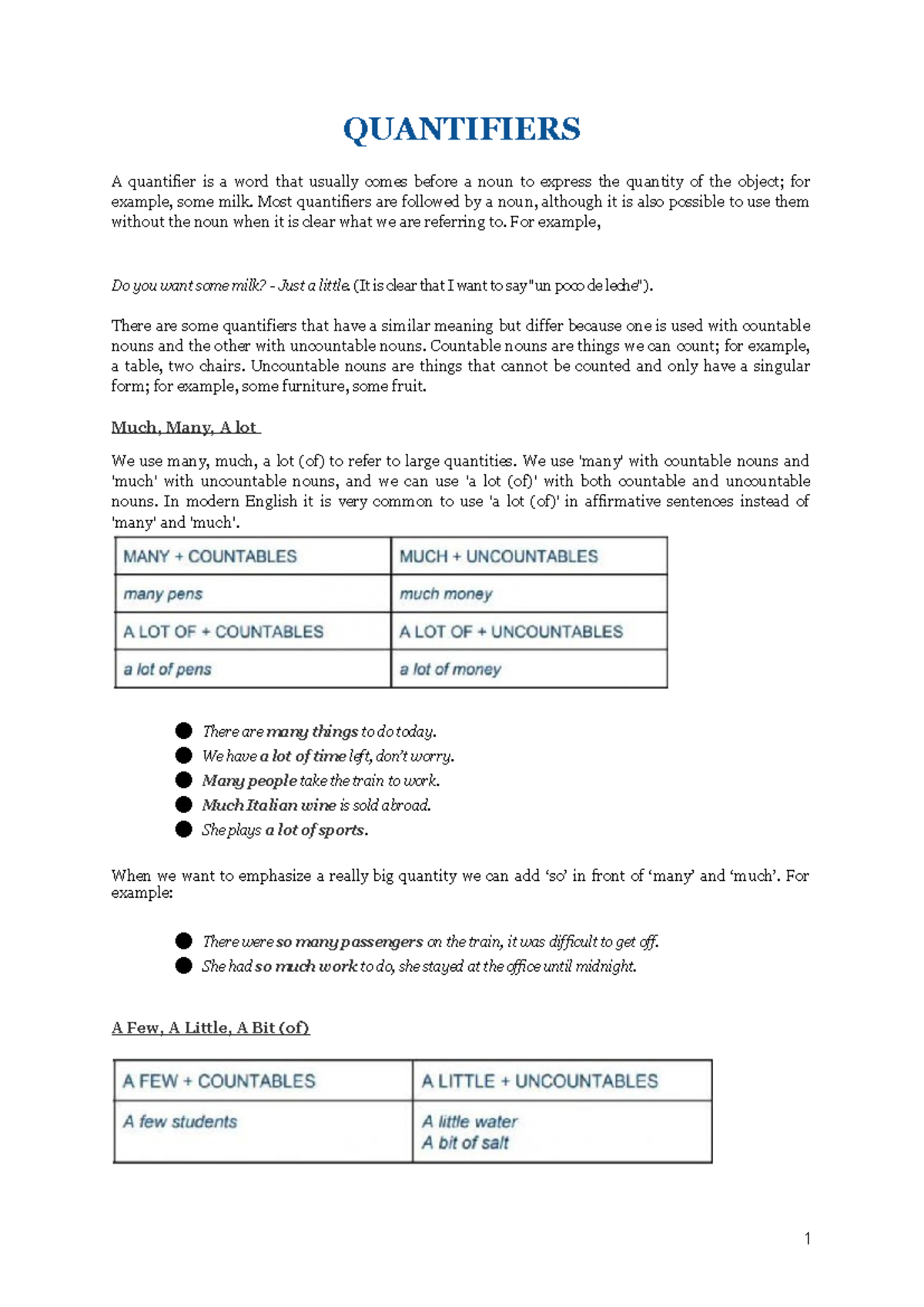 Quantifiers - QUANTIFIERS A quantifier is a word that usually comes ...