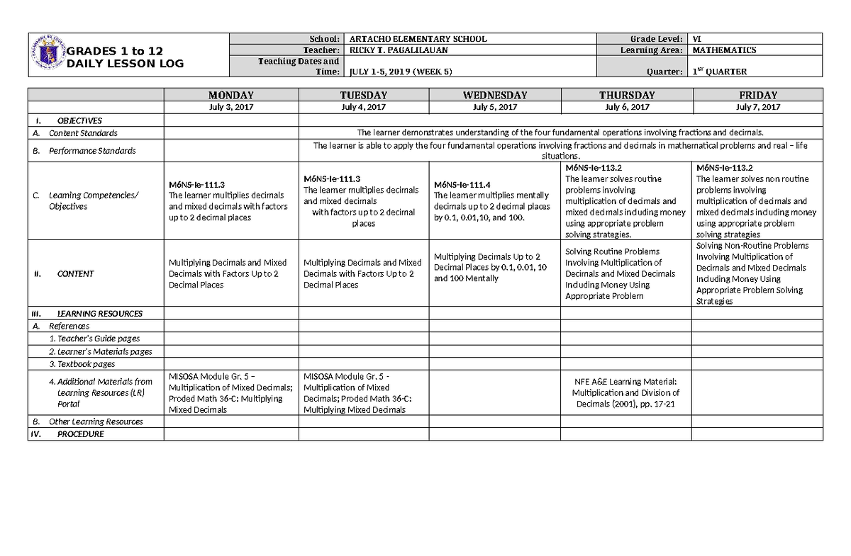 DLL Mathematics 6 Q1 W5: Multiplying Decimals & Mixed Decimals - Studocu