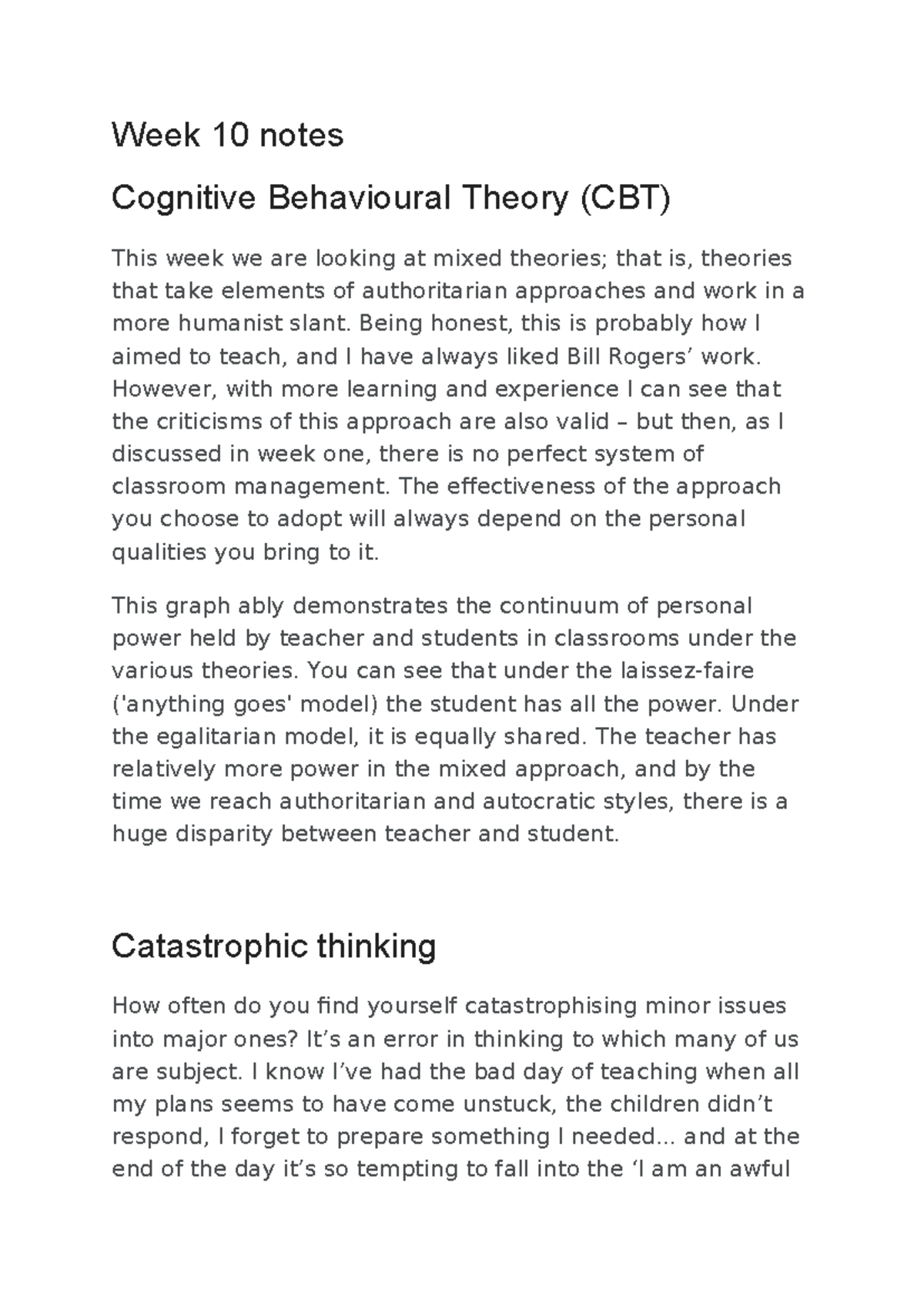 Week 10 Lecture Notes: Cognitive Behavioural Theory (CBT) Insights ...