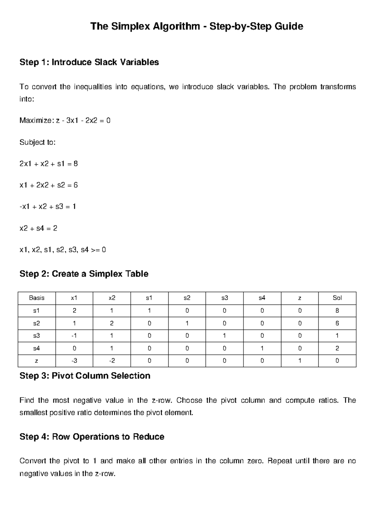 Simplex Algorithm Guide: Introducing Slack Variables and Steps - Studocu