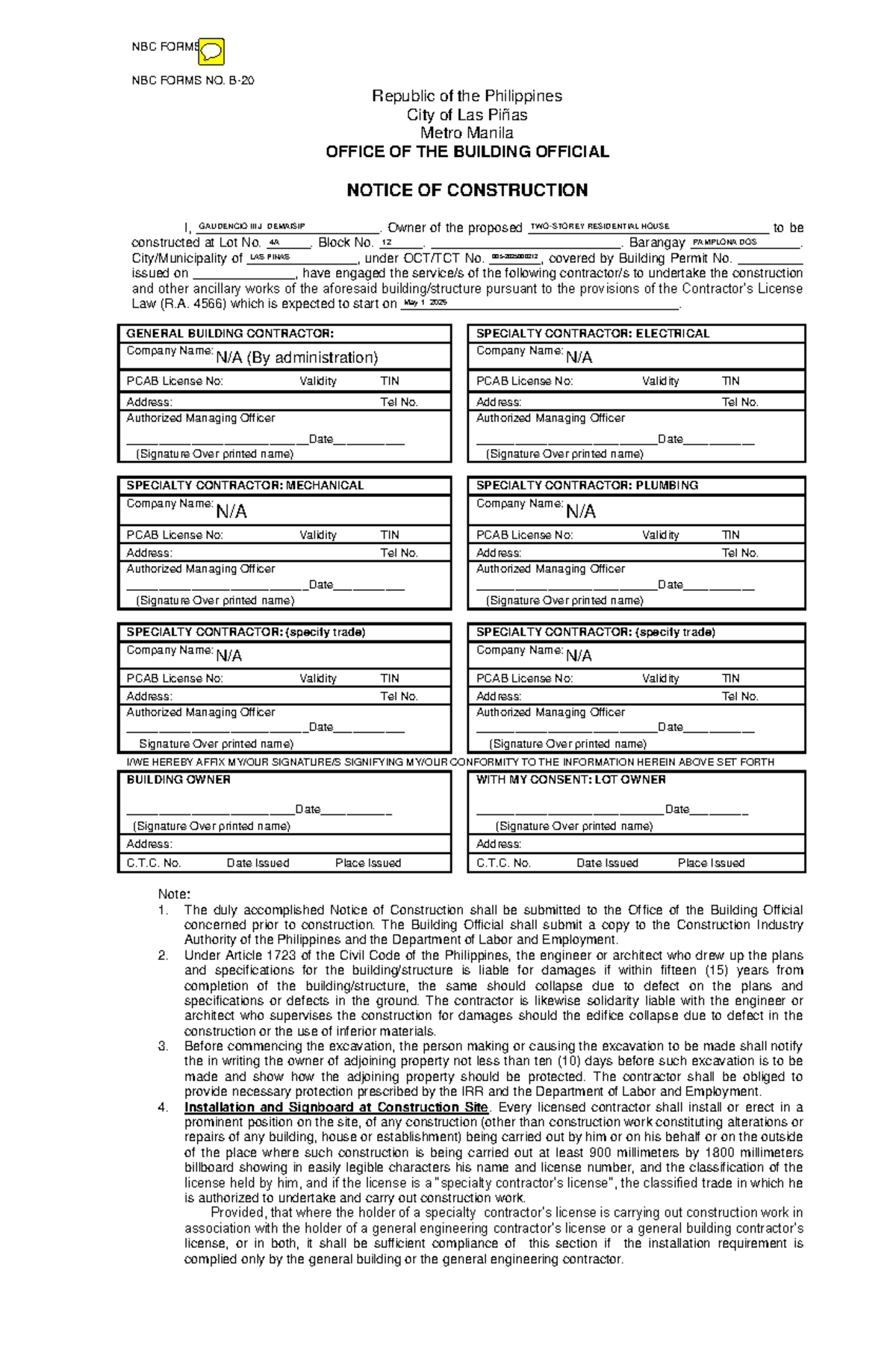 Notice of Construction - Residential House at Lot 4A, Block 12, Las ...