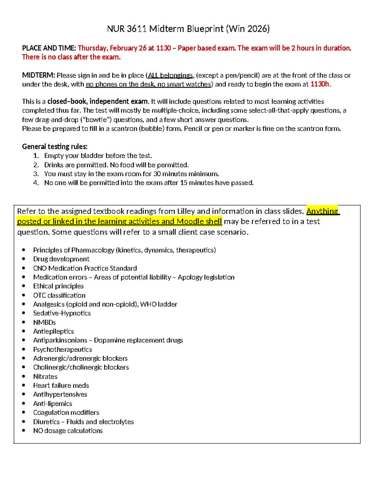NUR 3611 Midterm Exam Blueprint - Winter 2026 - Studocu