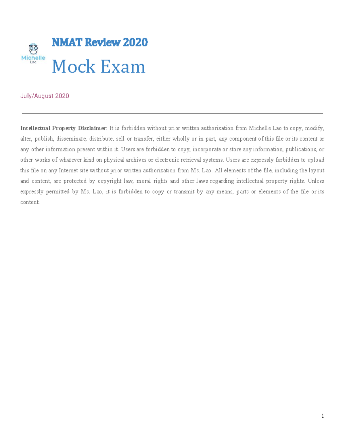 Mock NMAT Michelle Lao - NMAT - NMAT Review 2020 Mock Exam July/August ...