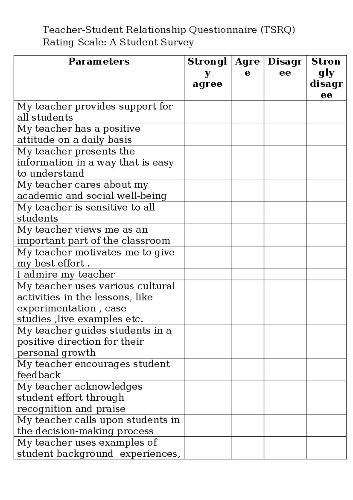 Teacher-Student Relationship Questionnaire (TSRQ): A Student Survey ...