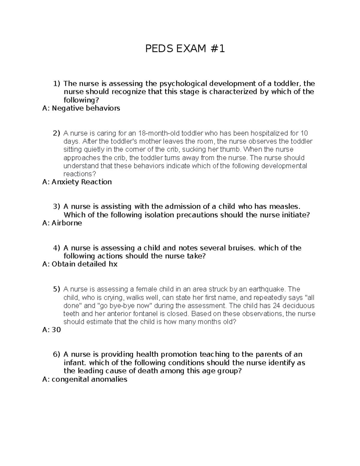 PEDS 302 - Practice Questions for Pediatric Exam #2 Review - Studocu