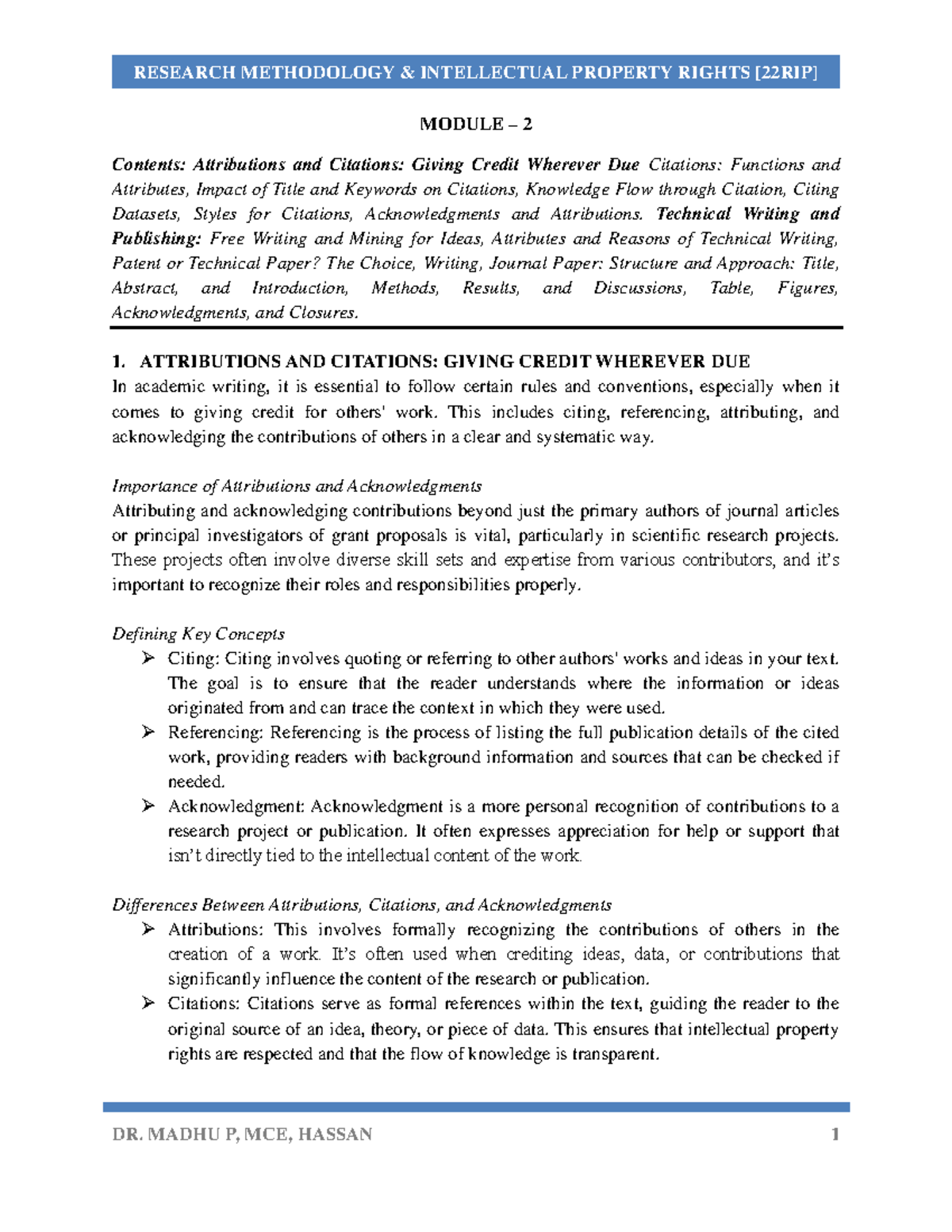 RESEARCH METHODOLOGY IPR MODULE 2: Attributions, Citations & Technical ...