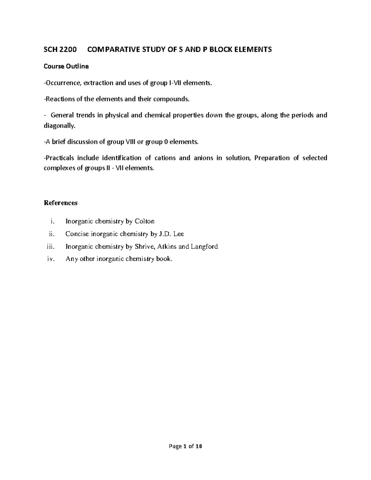SCH 2200 Comparative Study of S and P Block Elements Notes - Studocu
