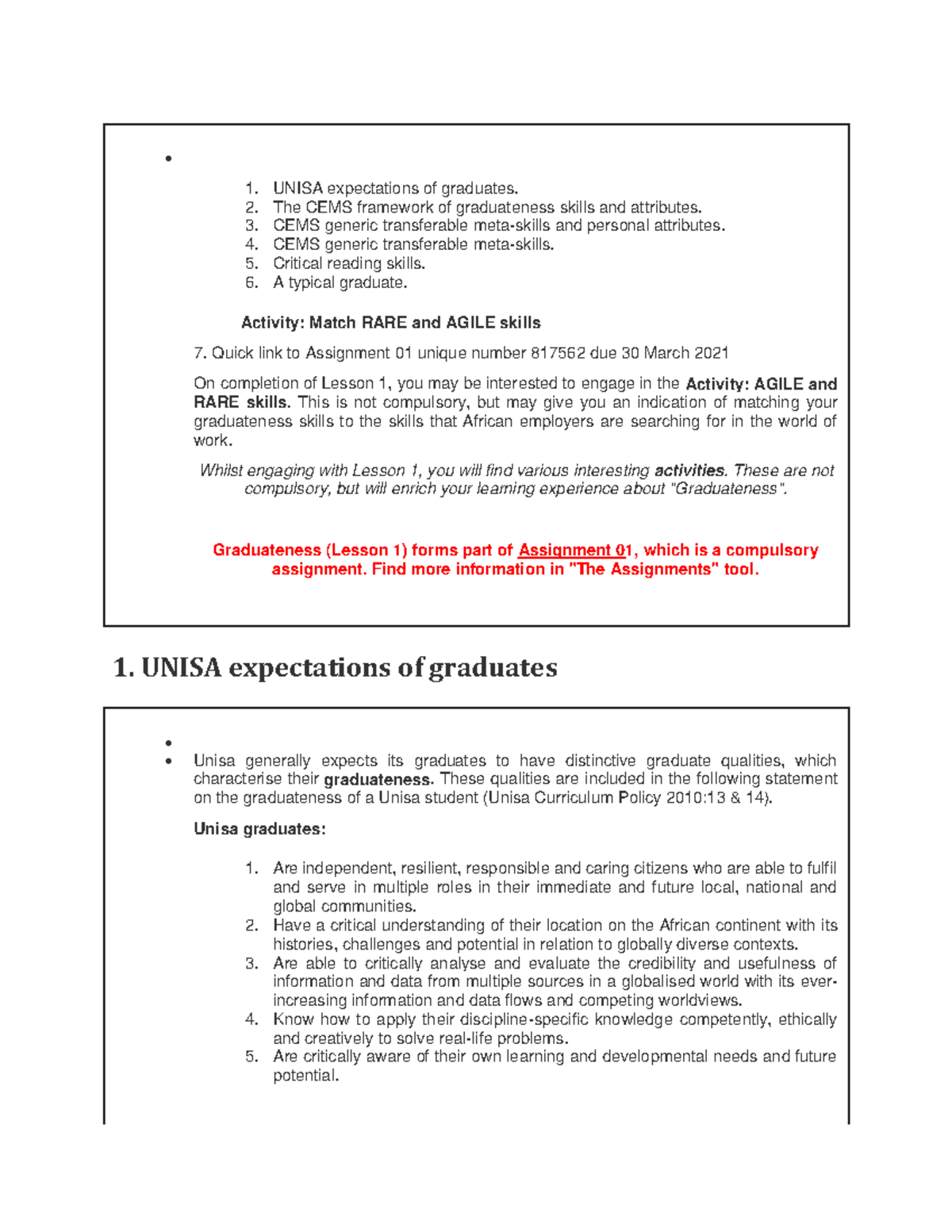 CEMS IOP1501 - Lesson 1 Notes on Graduateness Skills and Attributes ...