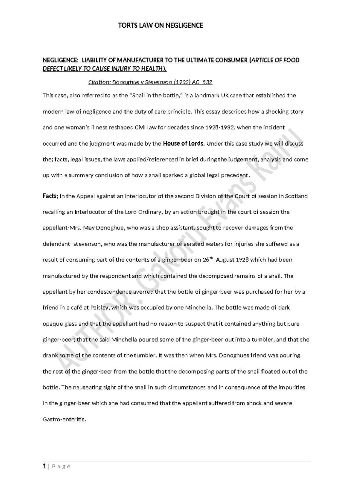 TORTS LAW: Donoghue v Stevenson Case Study on Negligence Liability ...