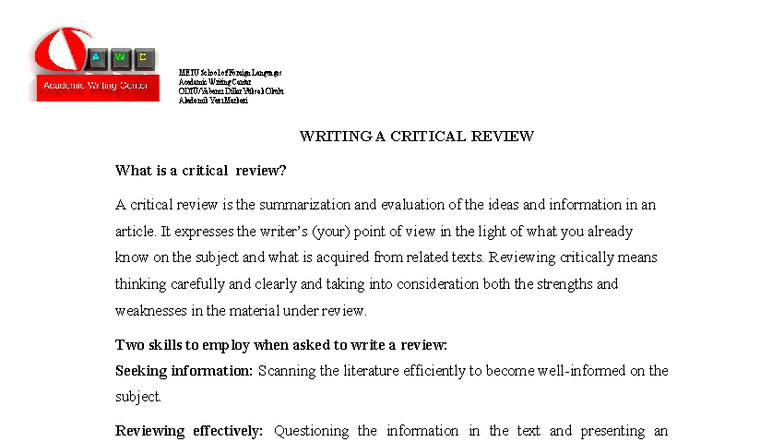 WRITING A CRITICAL REVIEW: A Guide for Academic Success - Studocu