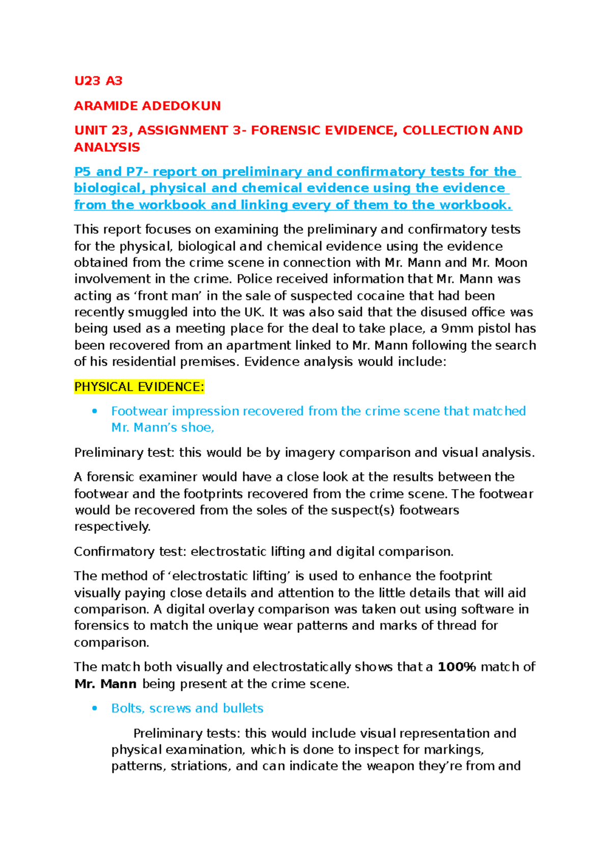 Unit 23 A3: Forensic Evidence Collection & Analysis - Tests Overview ...