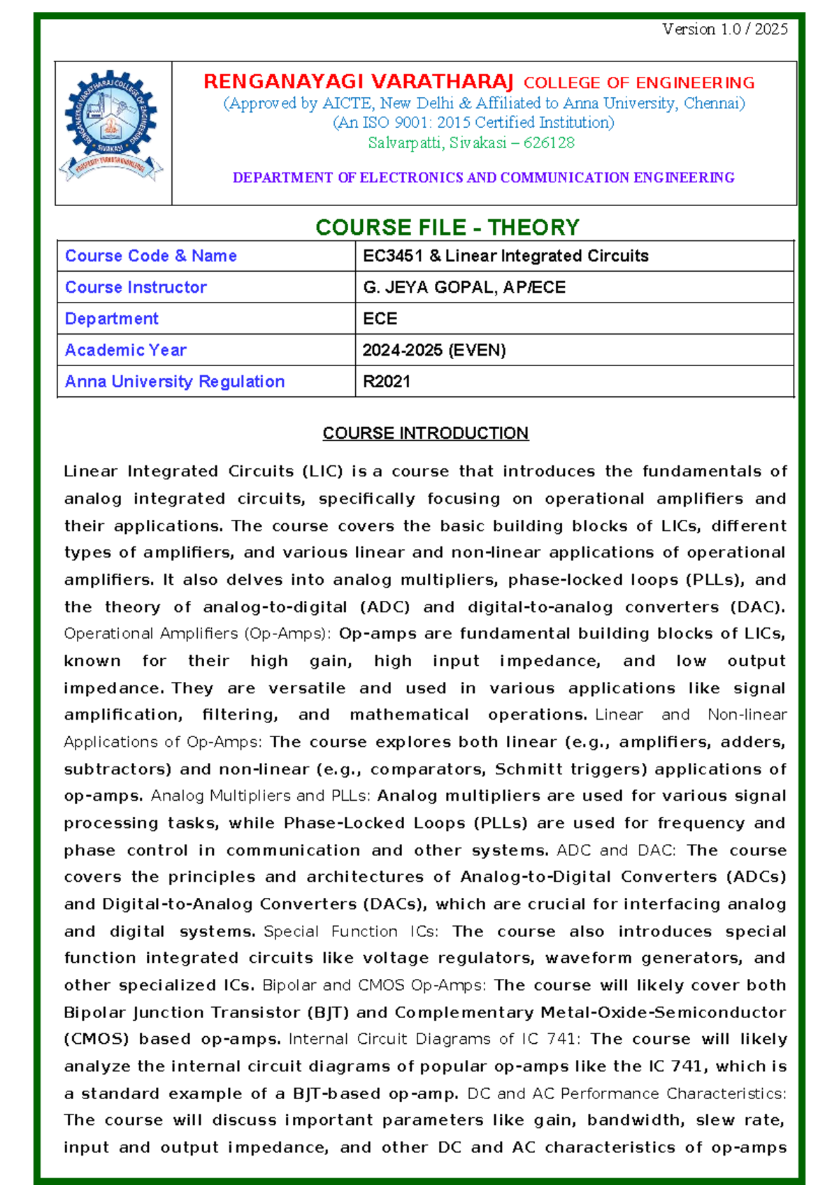 EC3451 Linear Integrated Circuits Course Introduction Notes - Studocu