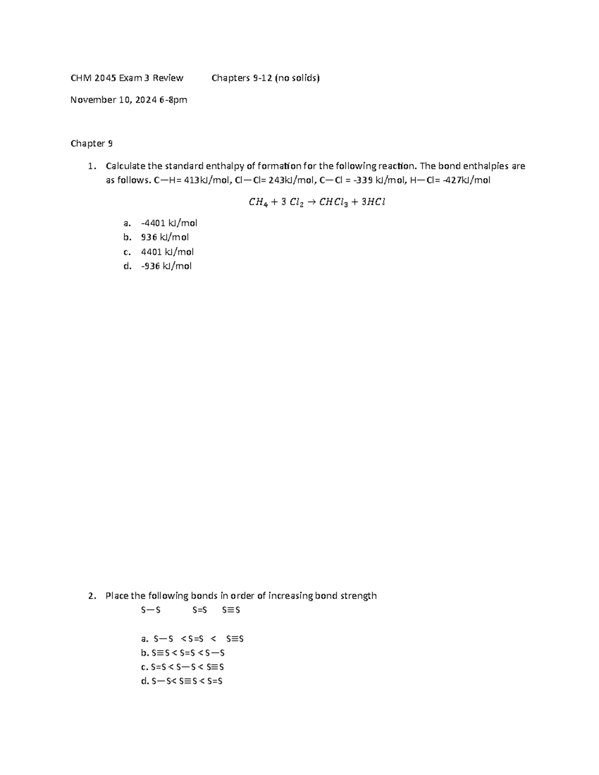 CHM 2045 FA22 Practice Exam 3 Review (Chapters 9-12) - Studocu