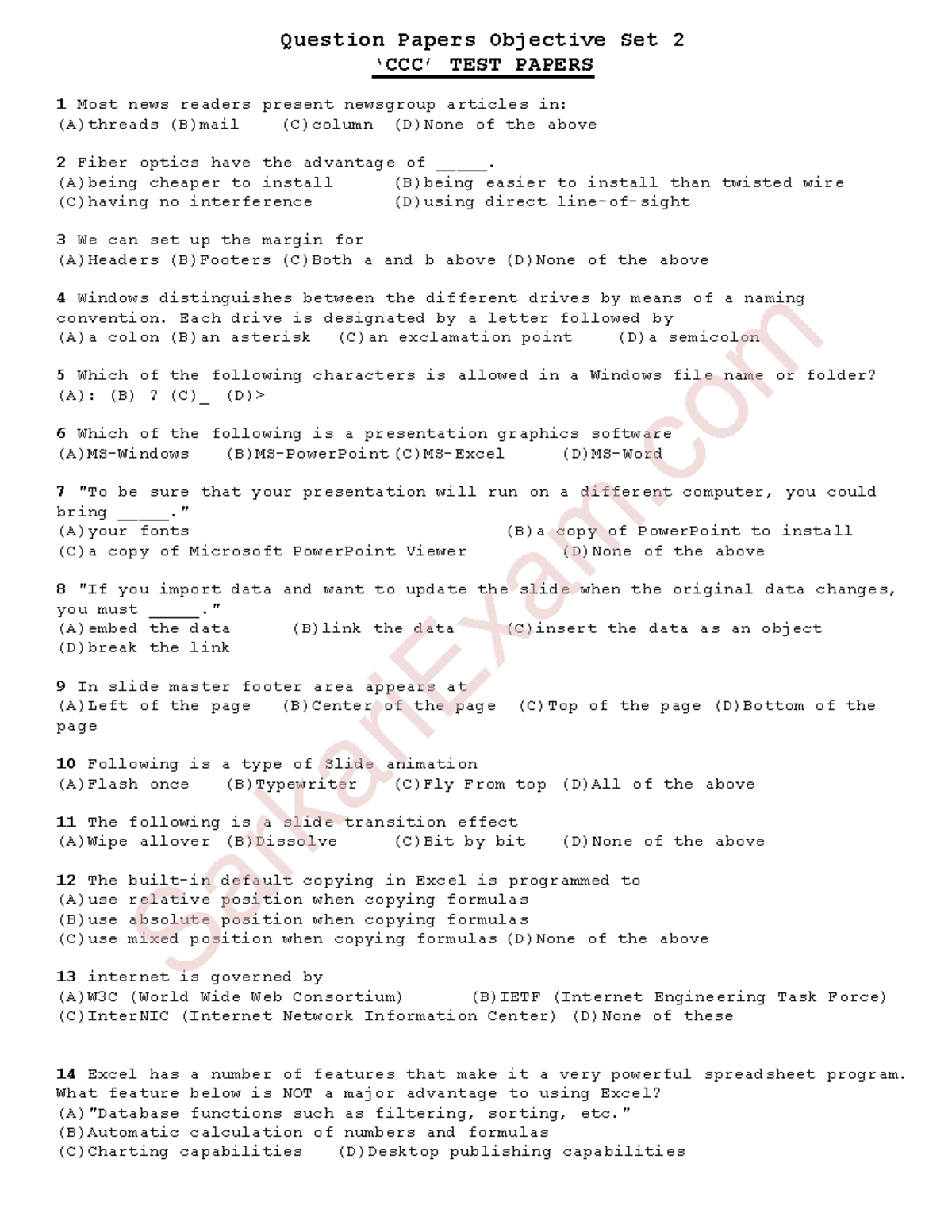 CCC Objective Question Paper Set 2 - Practice for Final Exam - Studocu