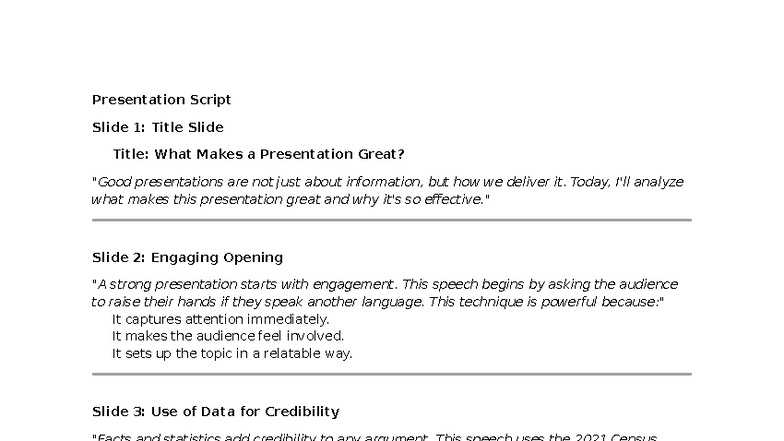 Presentation Script: What Makes a Great Presentation? 🎤 AE - Studocu
