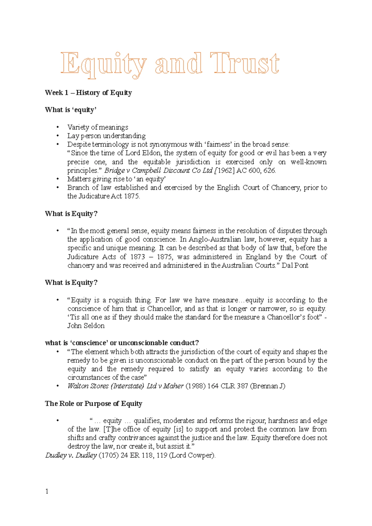 Equity Cases - Summaries of Key Decisions and Legal Principles - Studocu