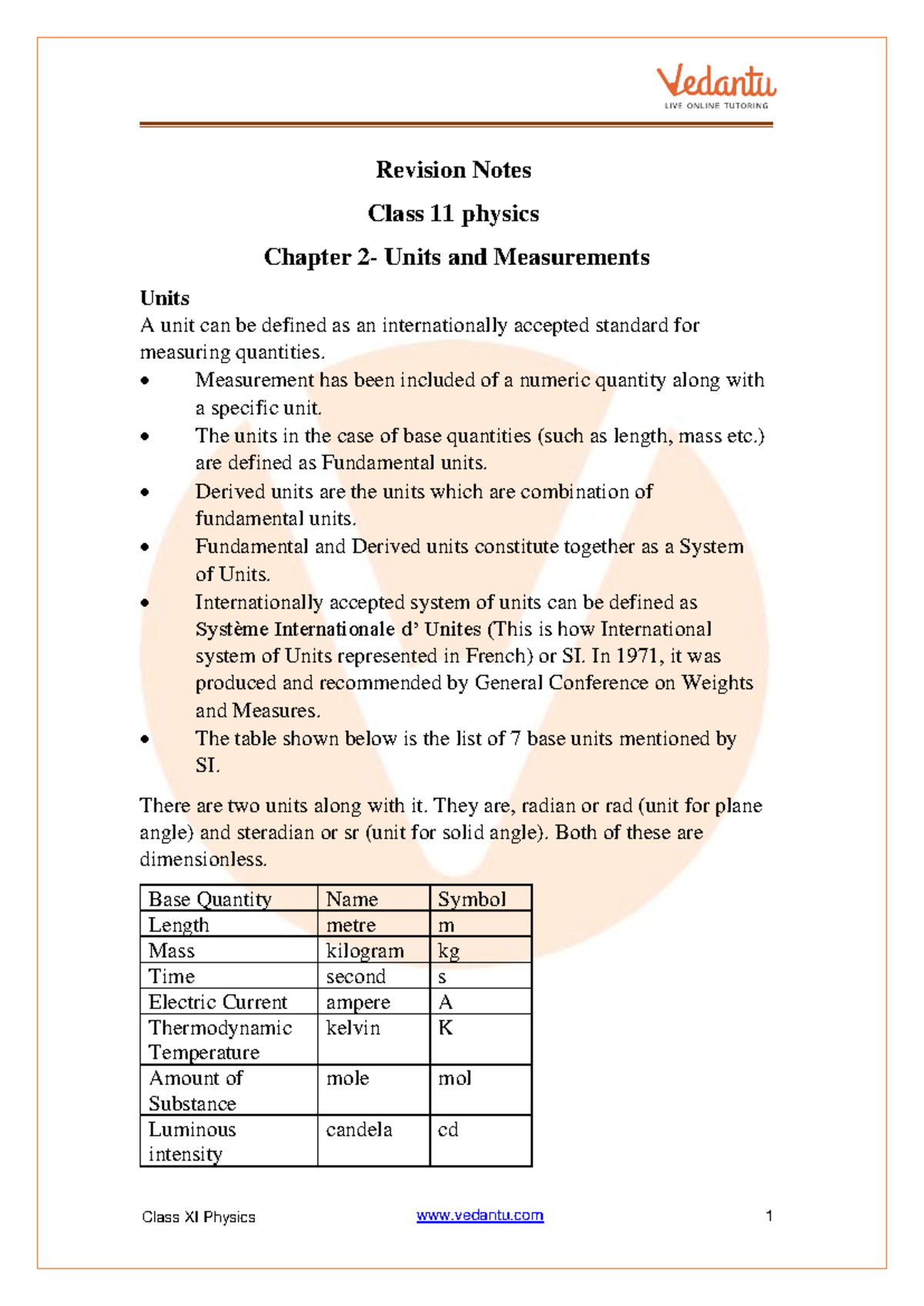 Units and Measurements Class 11 Notes CBSE Physics Chapter 2 - FREE PDF ...