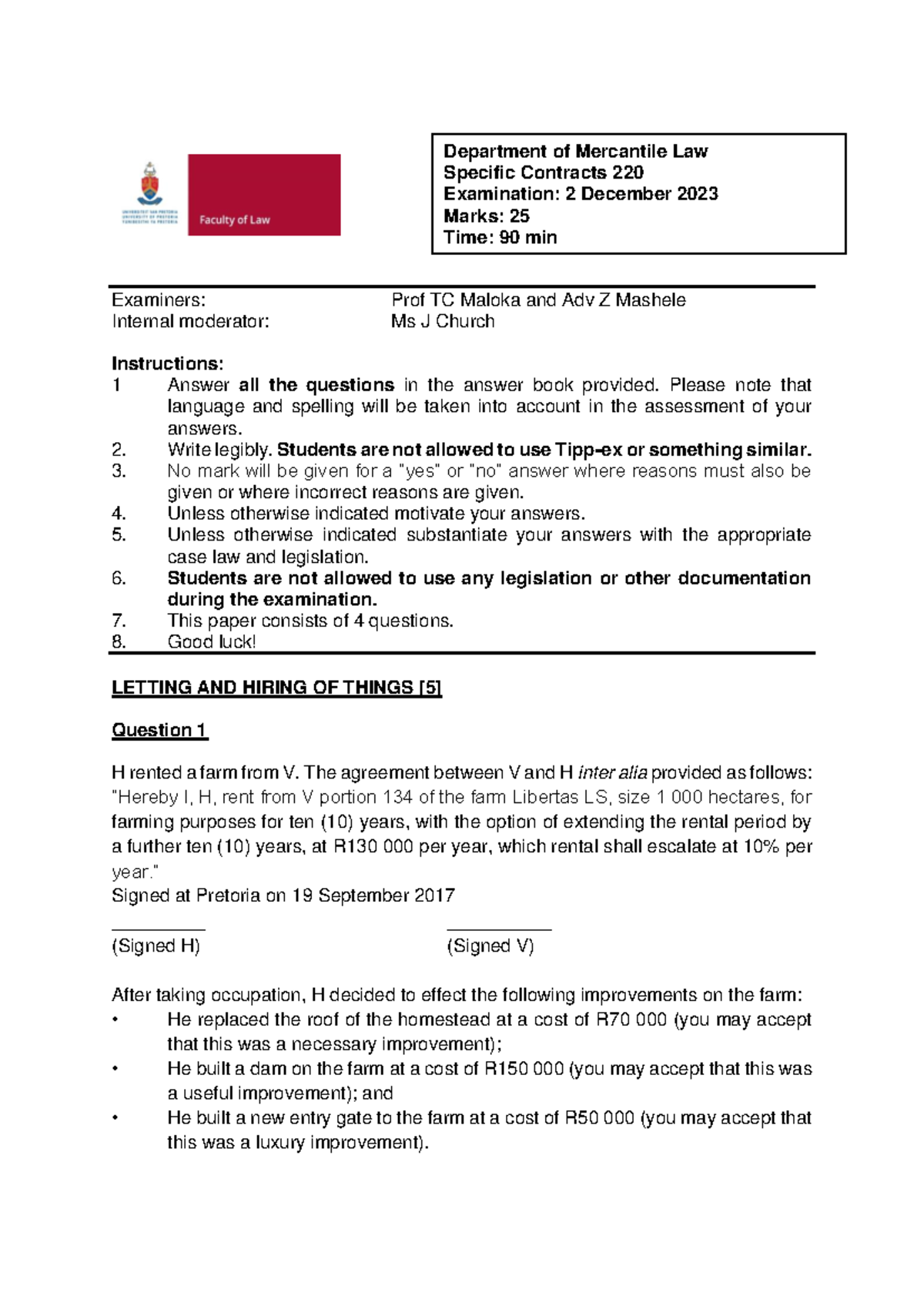 KTH220 Final Exam: Specific Contracts & Mercantile Law - Dec 2023 - Studocu